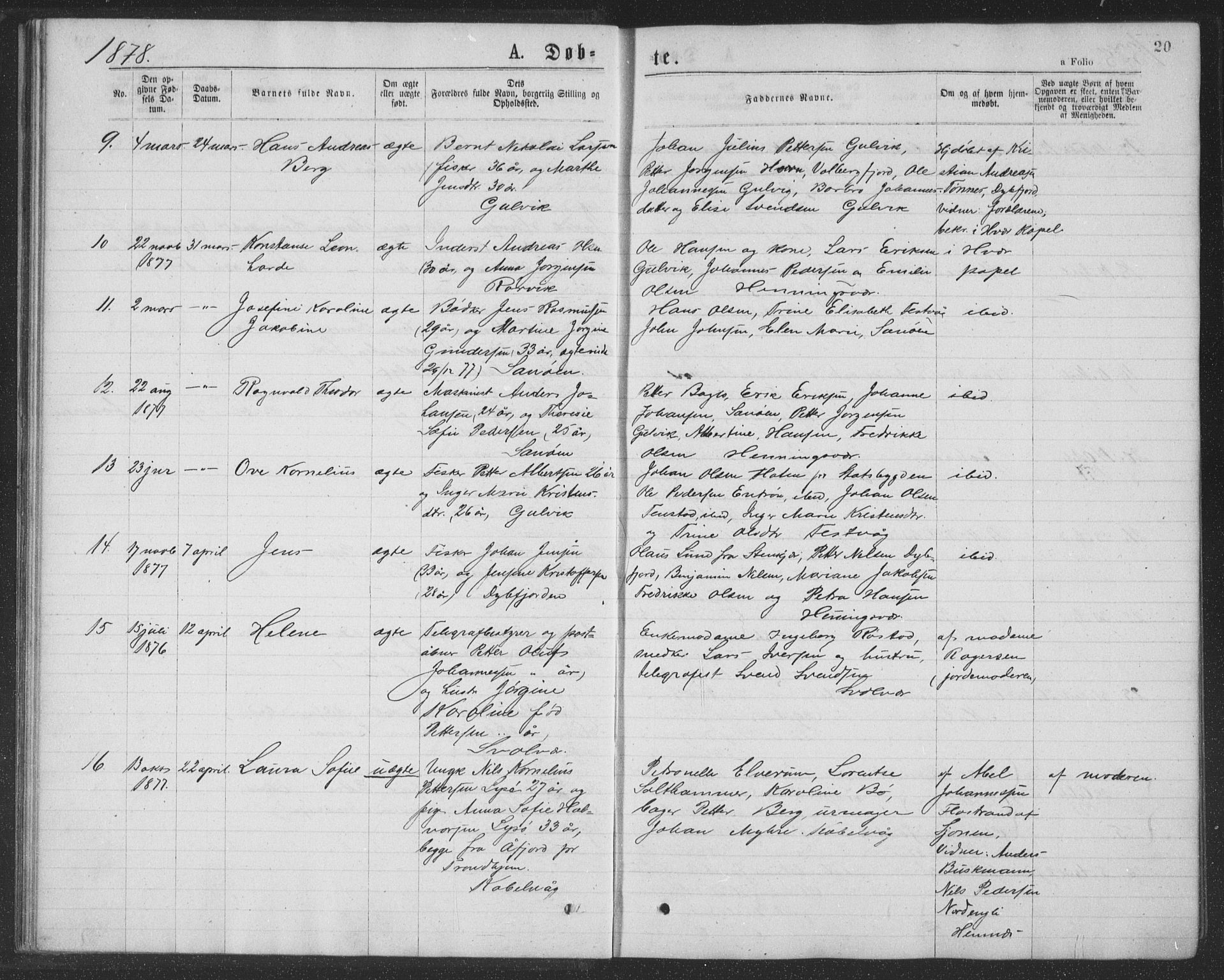 Ministerialprotokoller, klokkerbøker og fødselsregistre - Nordland, AV/SAT-A-1459/874/L1075: Parish register (copy) no. 874C04, 1876-1883, p. 20