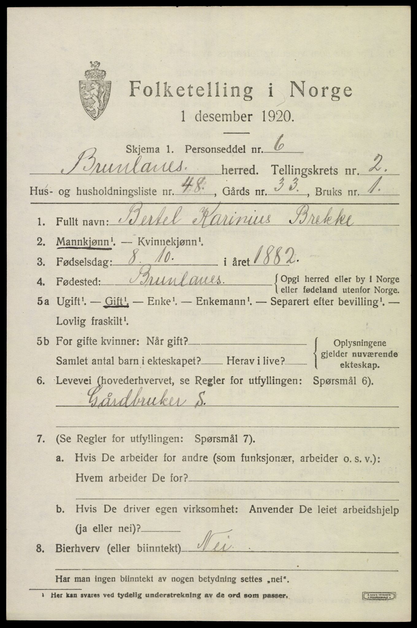 SAKO, 1920 census for Brunlanes, 1920, p. 3811