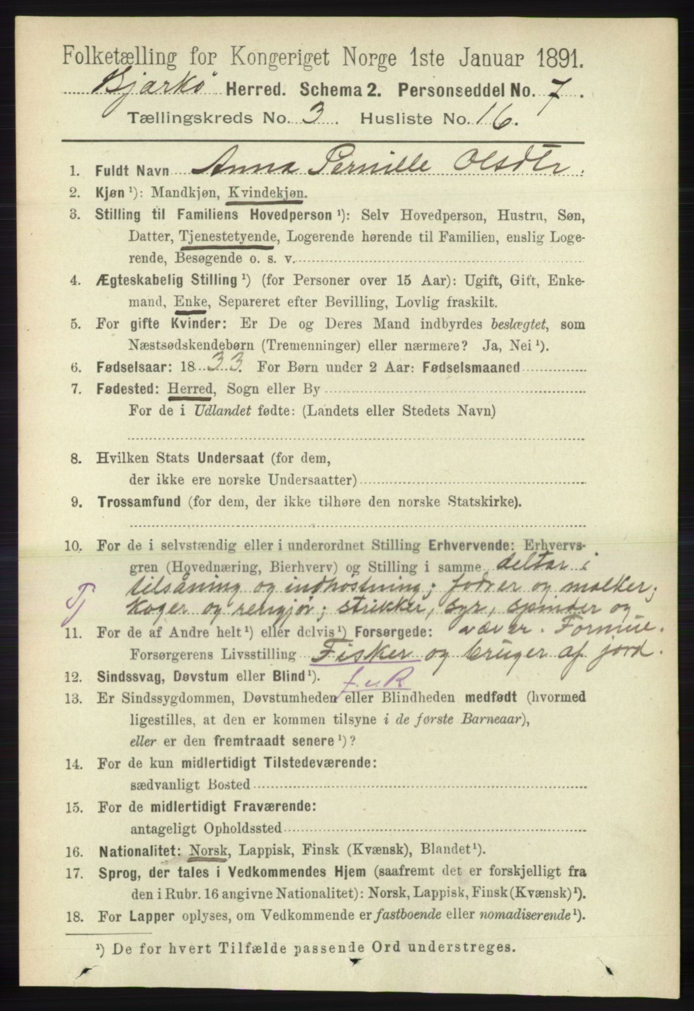 RA, 1891 census for 1915 Bjarkøy, 1891, p. 1636