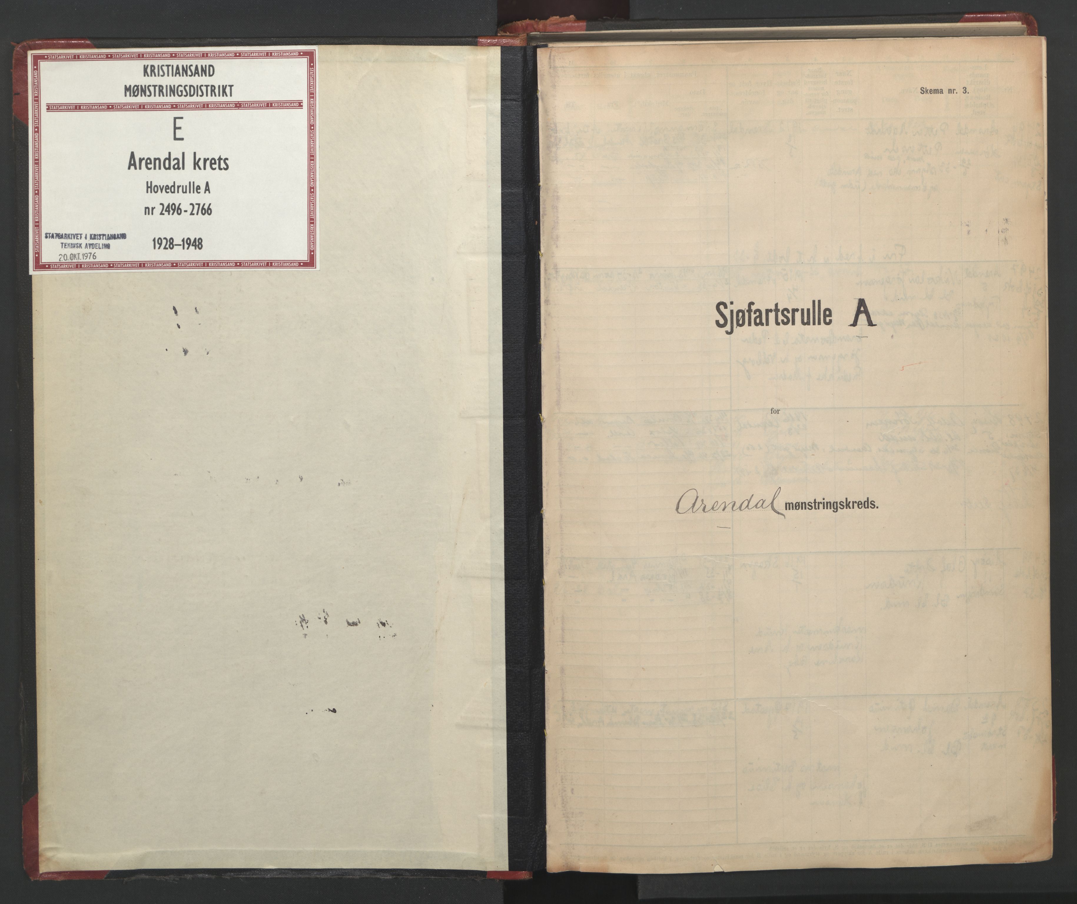 Arendal mønstringskrets, SAK/2031-0012/F/Fb/L0004: Hovedrulle A nr 2496-2766, E-5, 1937-1948, p. 2