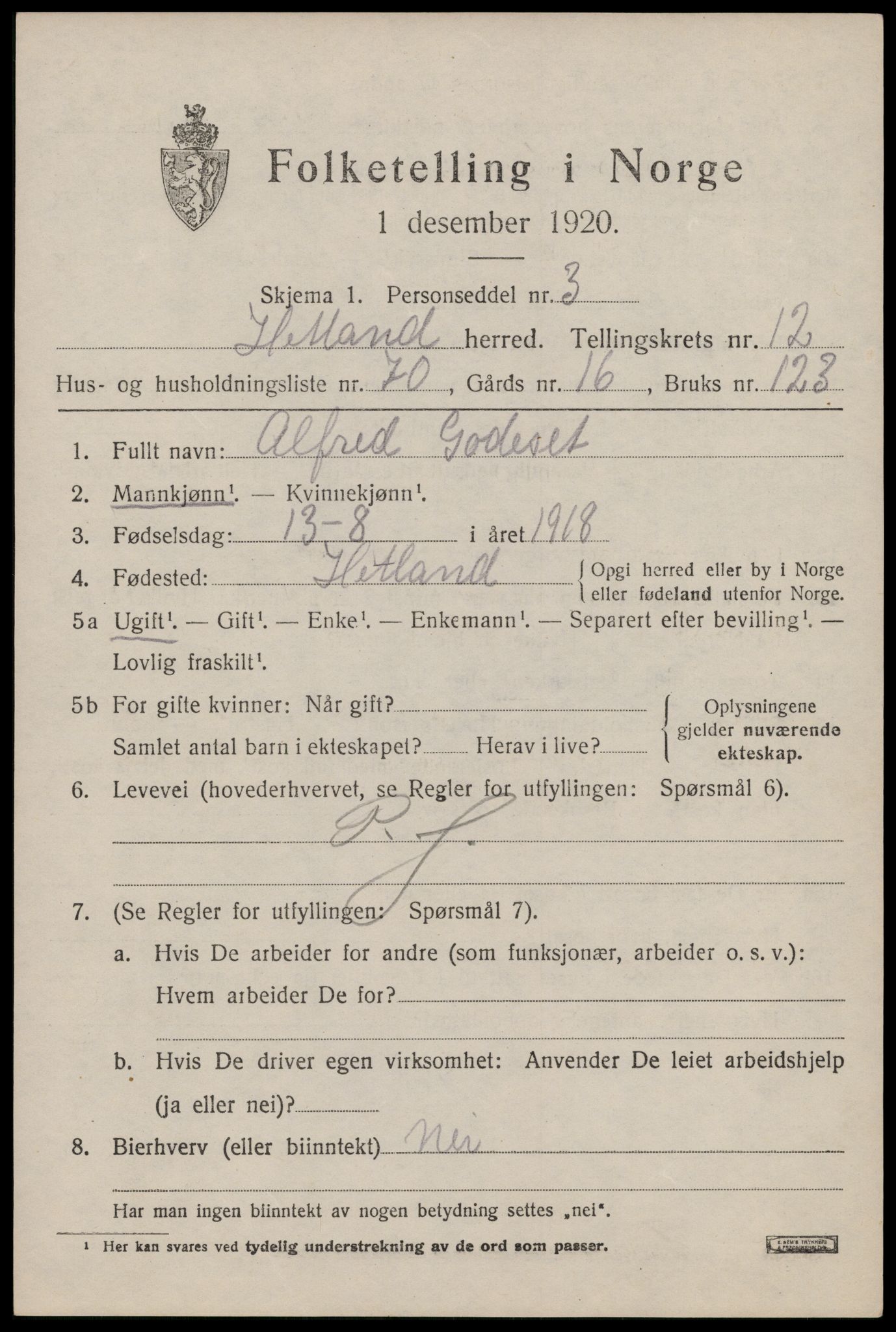 SAST, 1920 census for Hetland, 1920, p. 21637