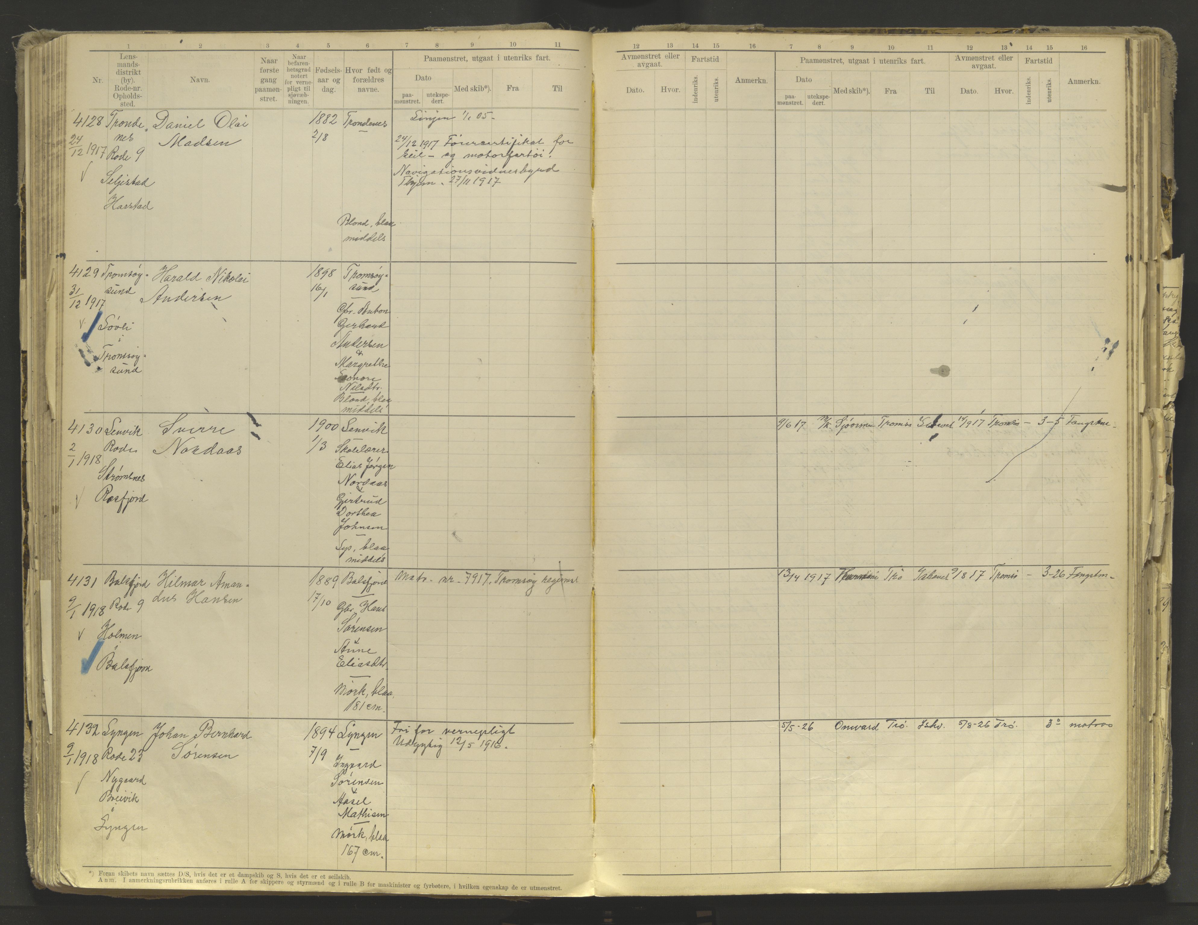 Tromsø sjømannskontor/innrullerings-/mønstringsdistrikt, AV/SATØ-S-0243/F/Fb/L0010: Annotasjonsrulle. Defekt: løs innbinding. Nr. 3519-4972, 1916-1920