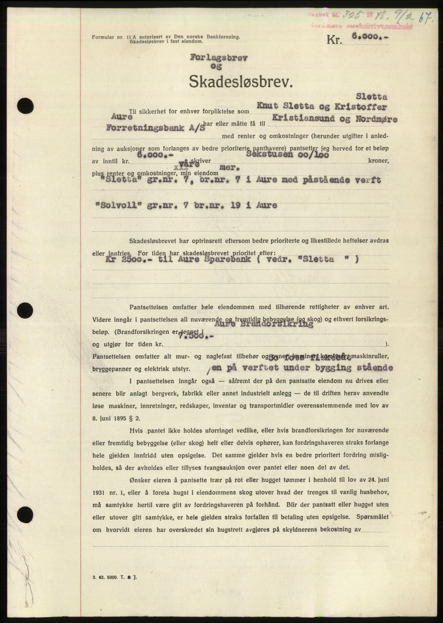 Nordmøre sorenskriveri, AV/SAT-A-4132/1/2/2Ca: Mortgage book no. B98, 1948-1948, Diary no: : 325/1948