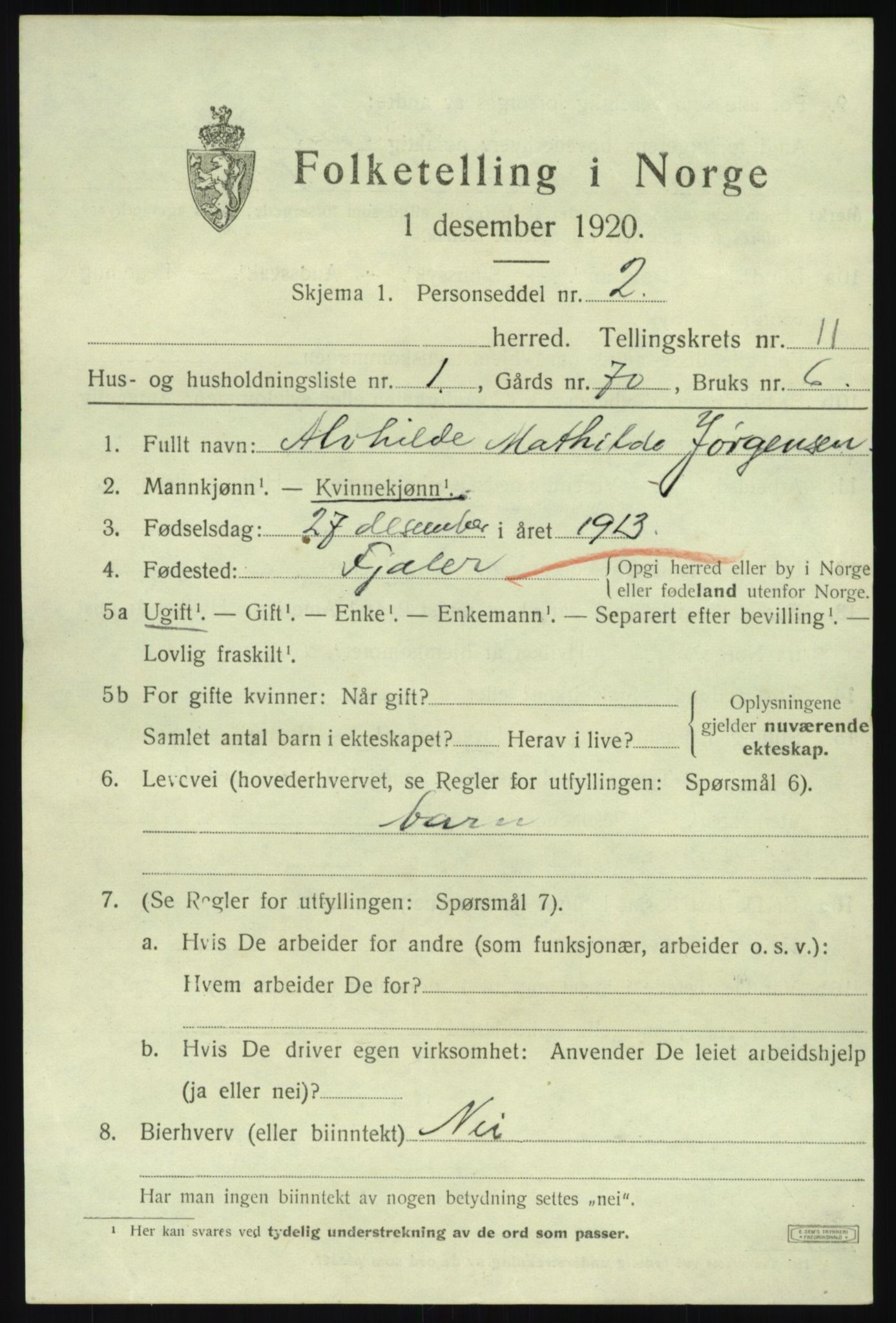 SAB, 1920 census for Fjaler, 1920, p. 6103