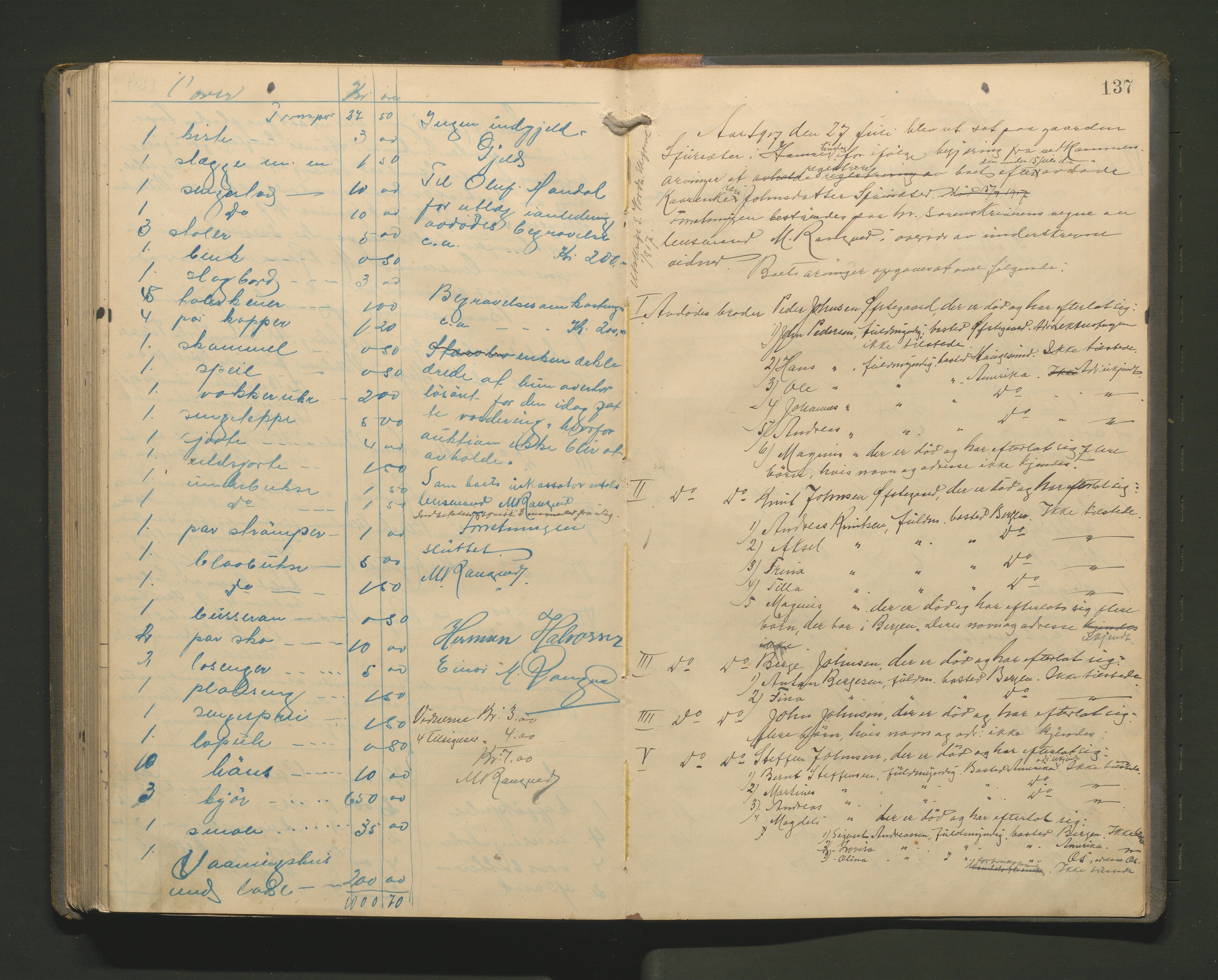 Lensmannen i Hamre, SAB/A-32601/0006/L0003: Registreringsprotokoll, 1904-1917, p. 136b-137a
