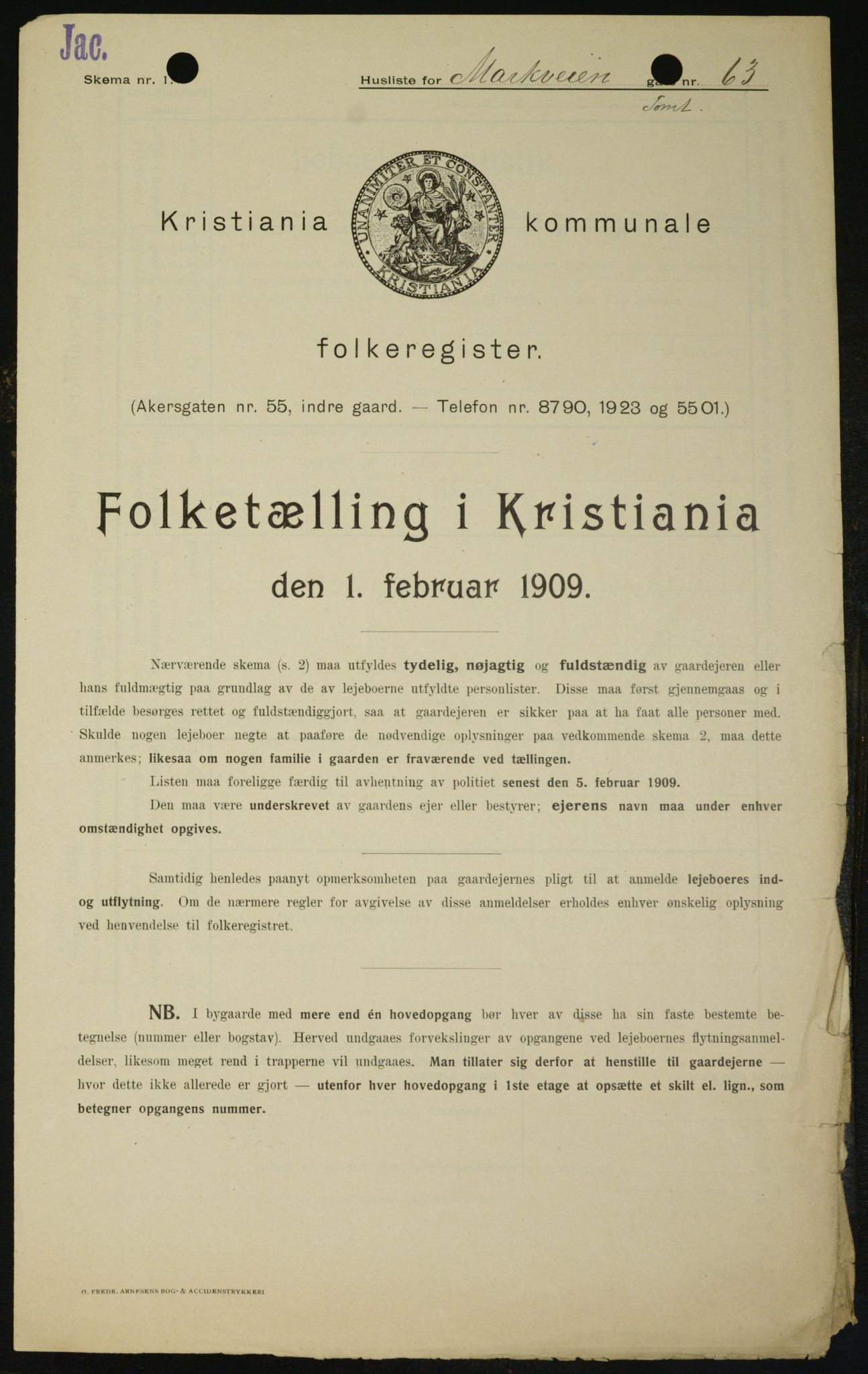 OBA, Municipal Census 1909 for Kristiania, 1909, p. 58460