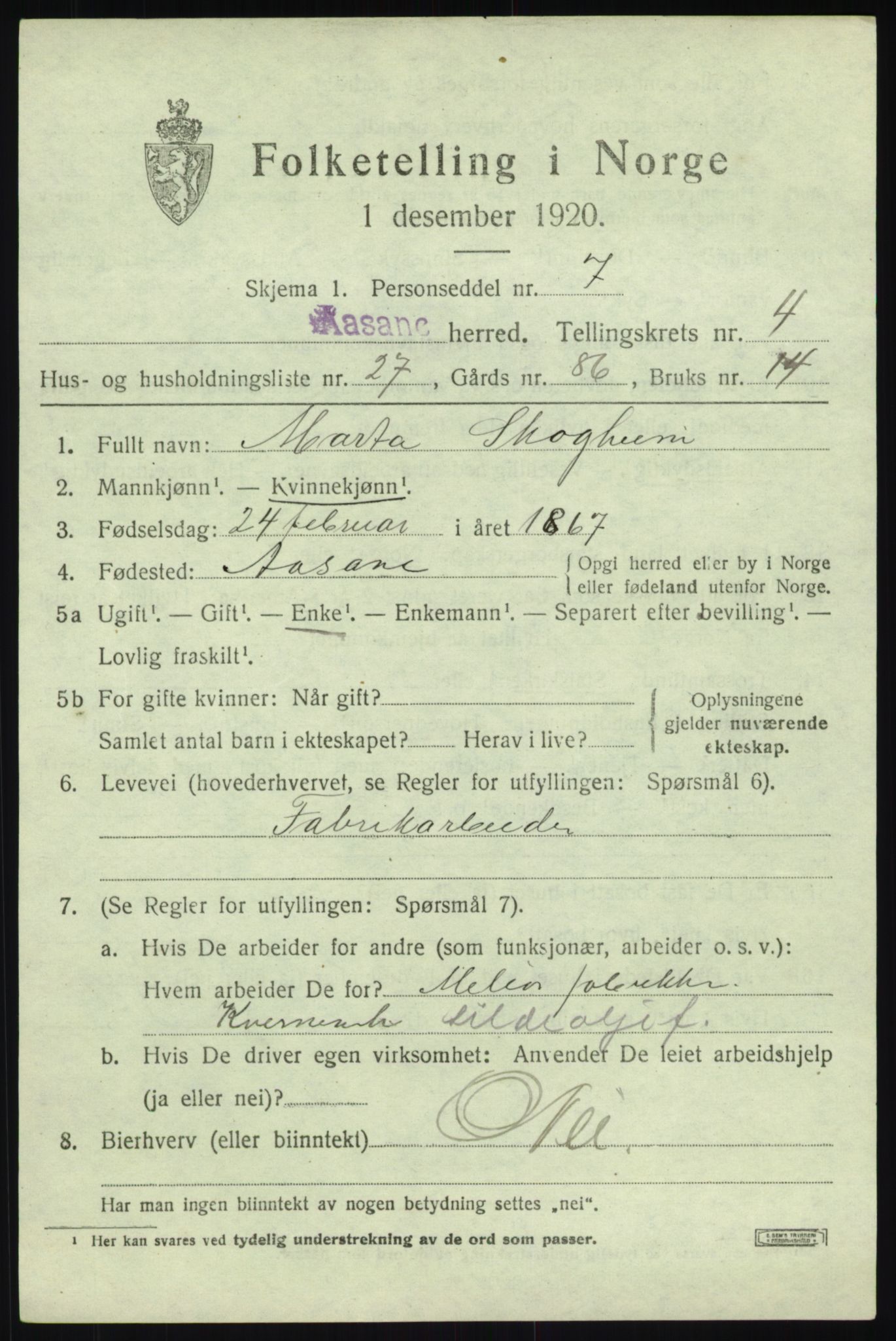 SAB, 1920 census for Åsane, 1920, p. 2827