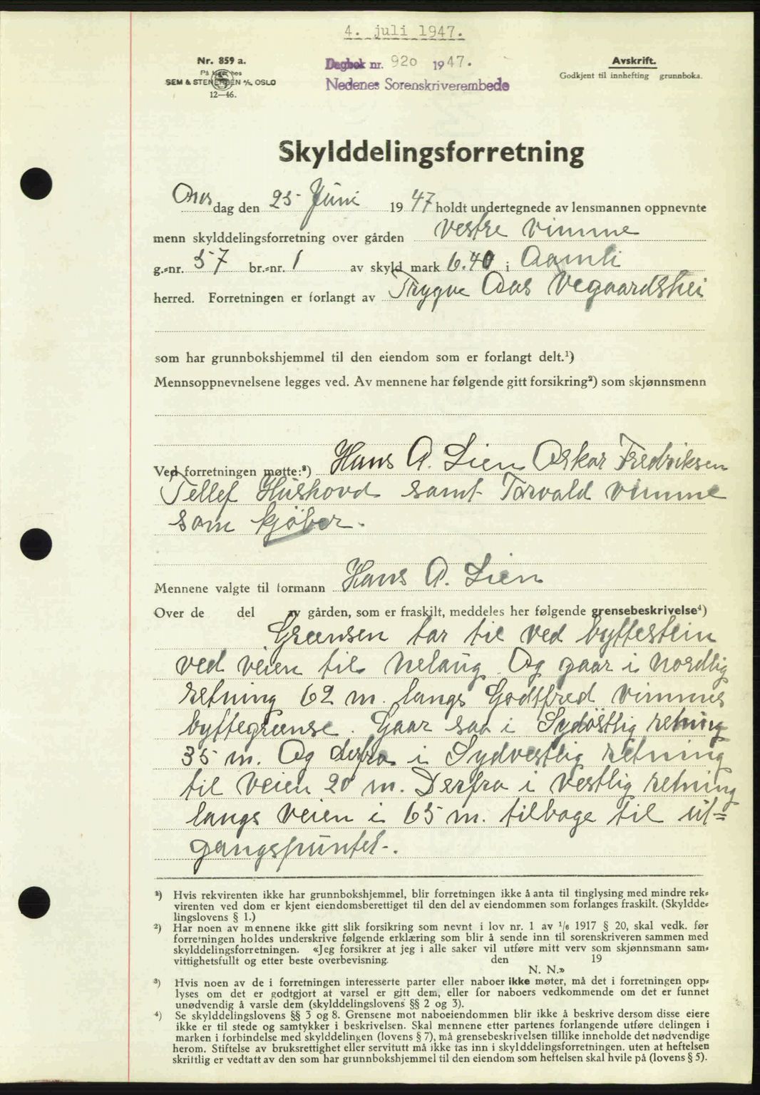 Nedenes sorenskriveri, AV/SAK-1221-0006/G/Gb/Gba/L0057: Mortgage book no. A9, 1947-1947, Diary no: : 920/1947