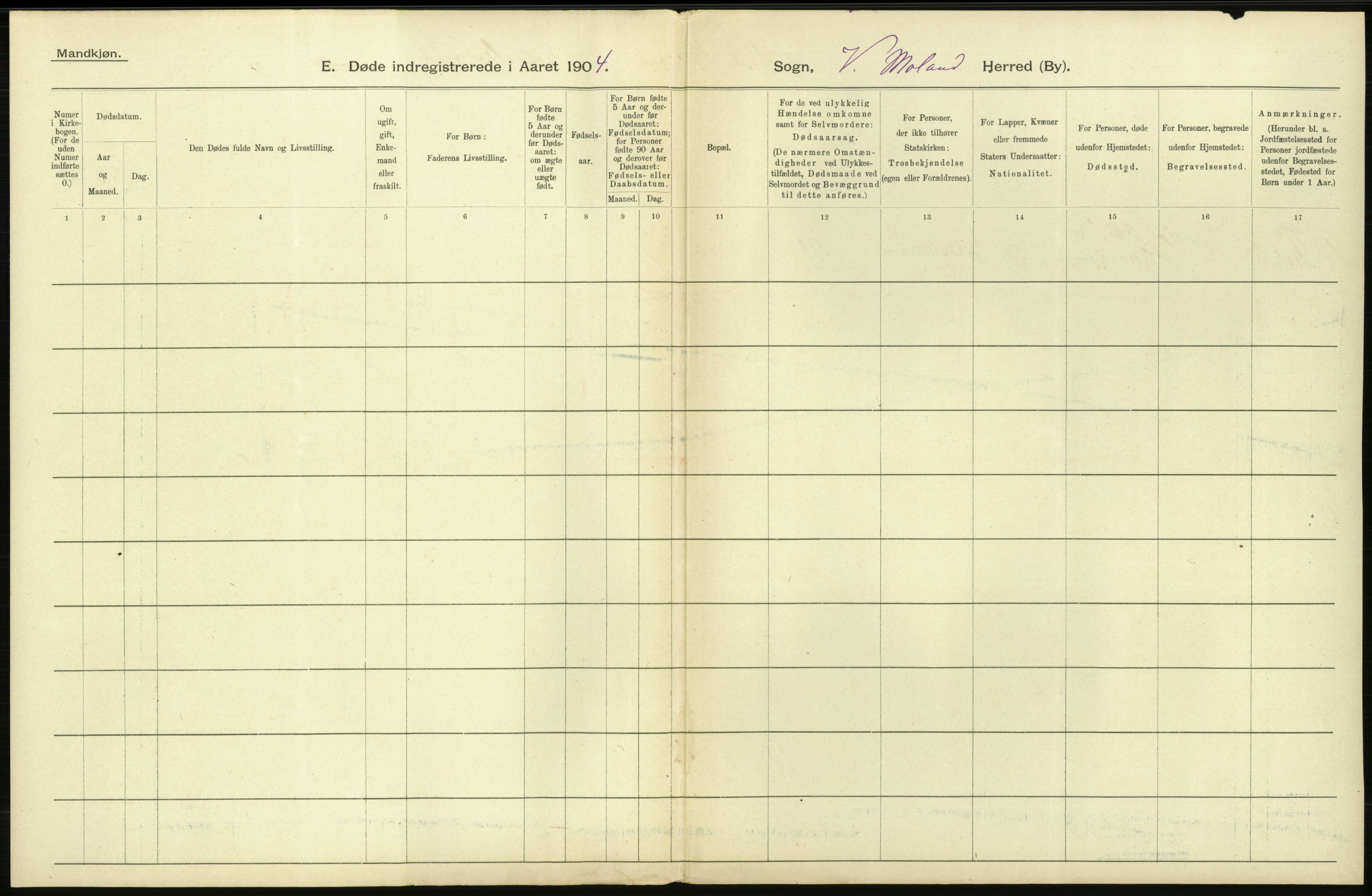 Statistisk sentralbyrå, Sosiodemografiske emner, Befolkning, AV/RA-S-2228/D/Df/Dfa/Dfab/L0010: Nedenes amt: Fødte, gifte, døde, 1904, p. 424