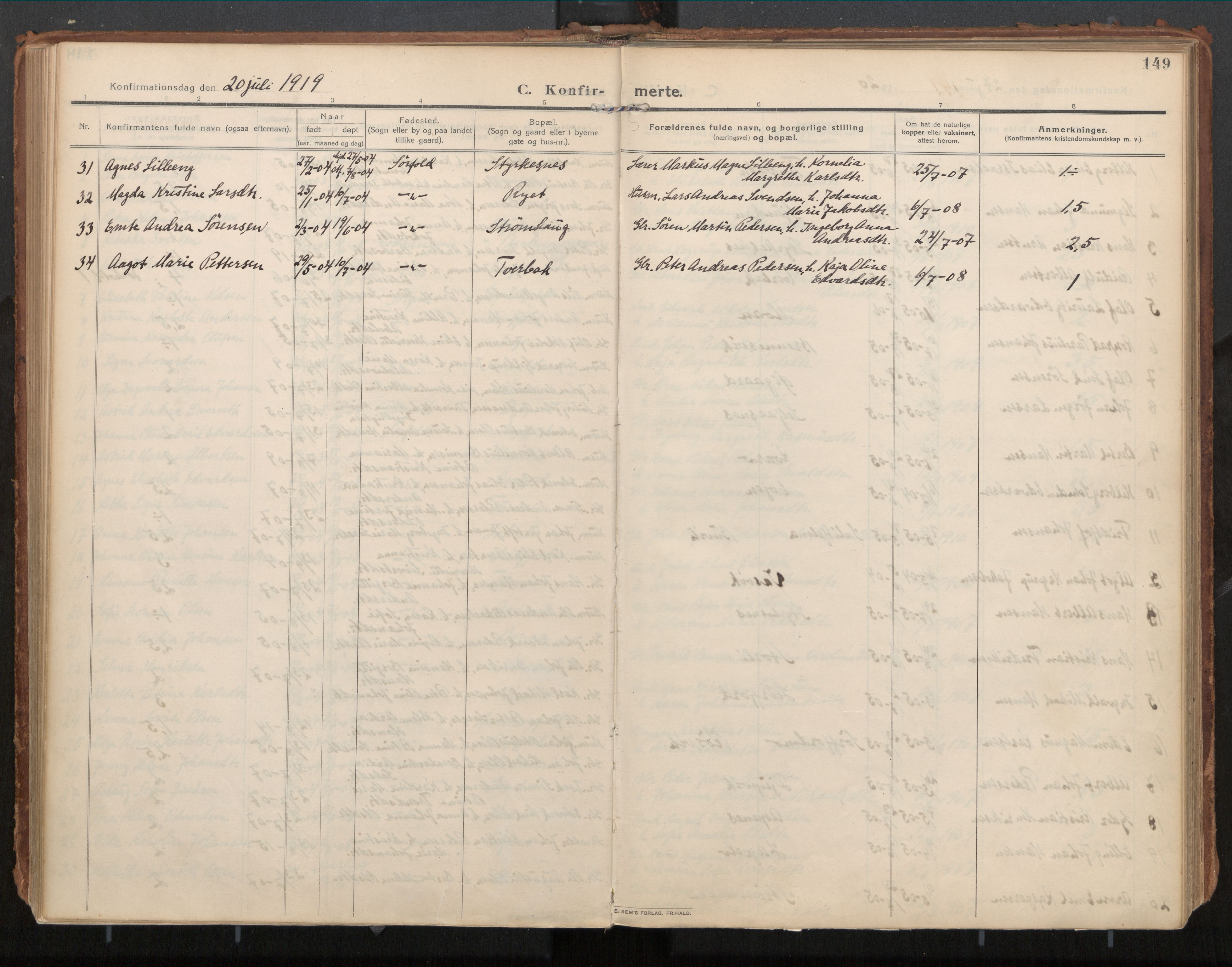 Ministerialprotokoller, klokkerbøker og fødselsregistre - Nordland, AV/SAT-A-1459/854/L0784: Parish register (official) no. 854A07, 1910-1922, p. 149