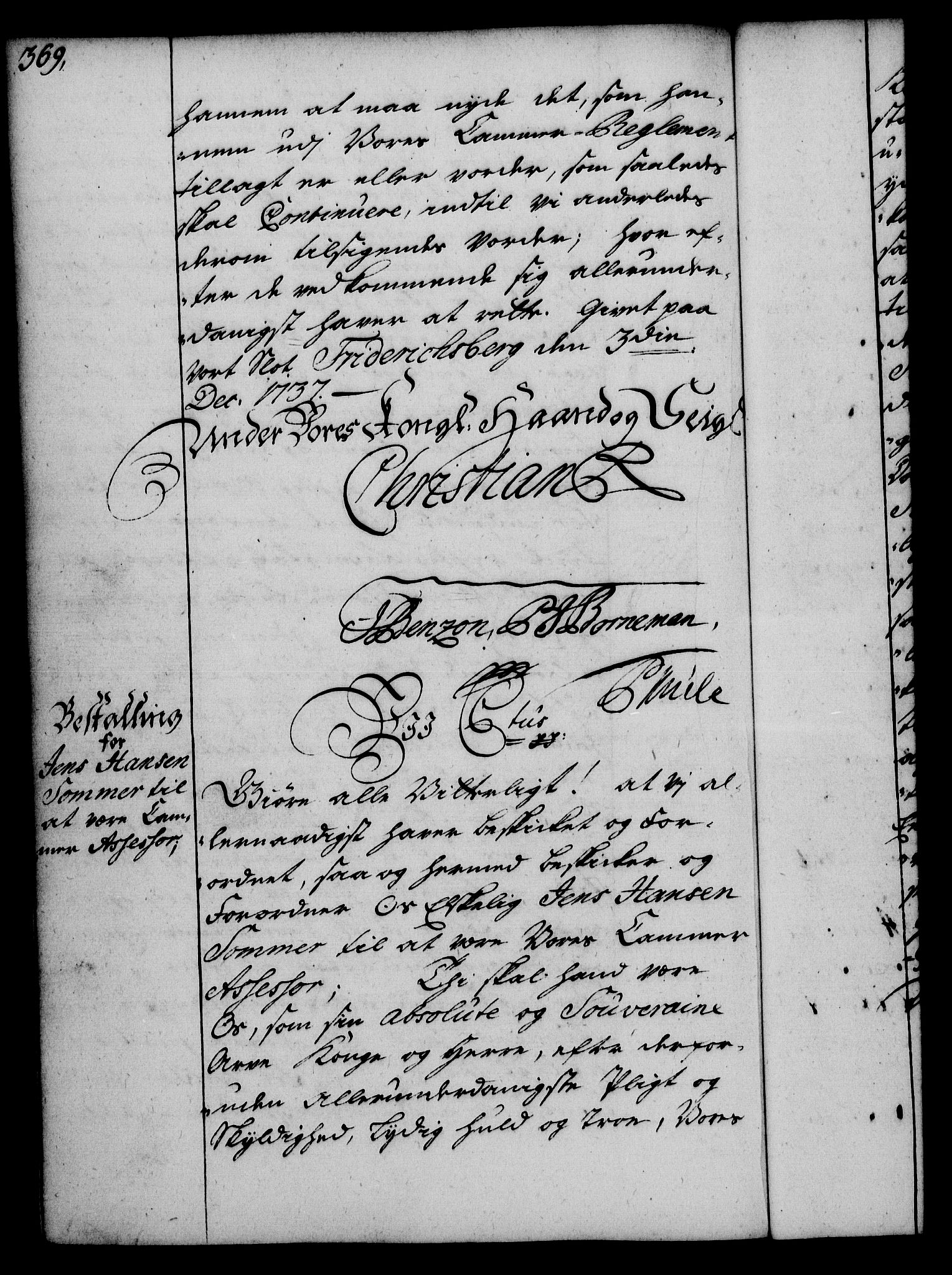Rentekammeret, Kammerkanselliet, RA/EA-3111/G/Gg/Gge/L0002: Norsk bestallingsprotokoll med register (merket RK 53.26), 1730-1744, p. 369