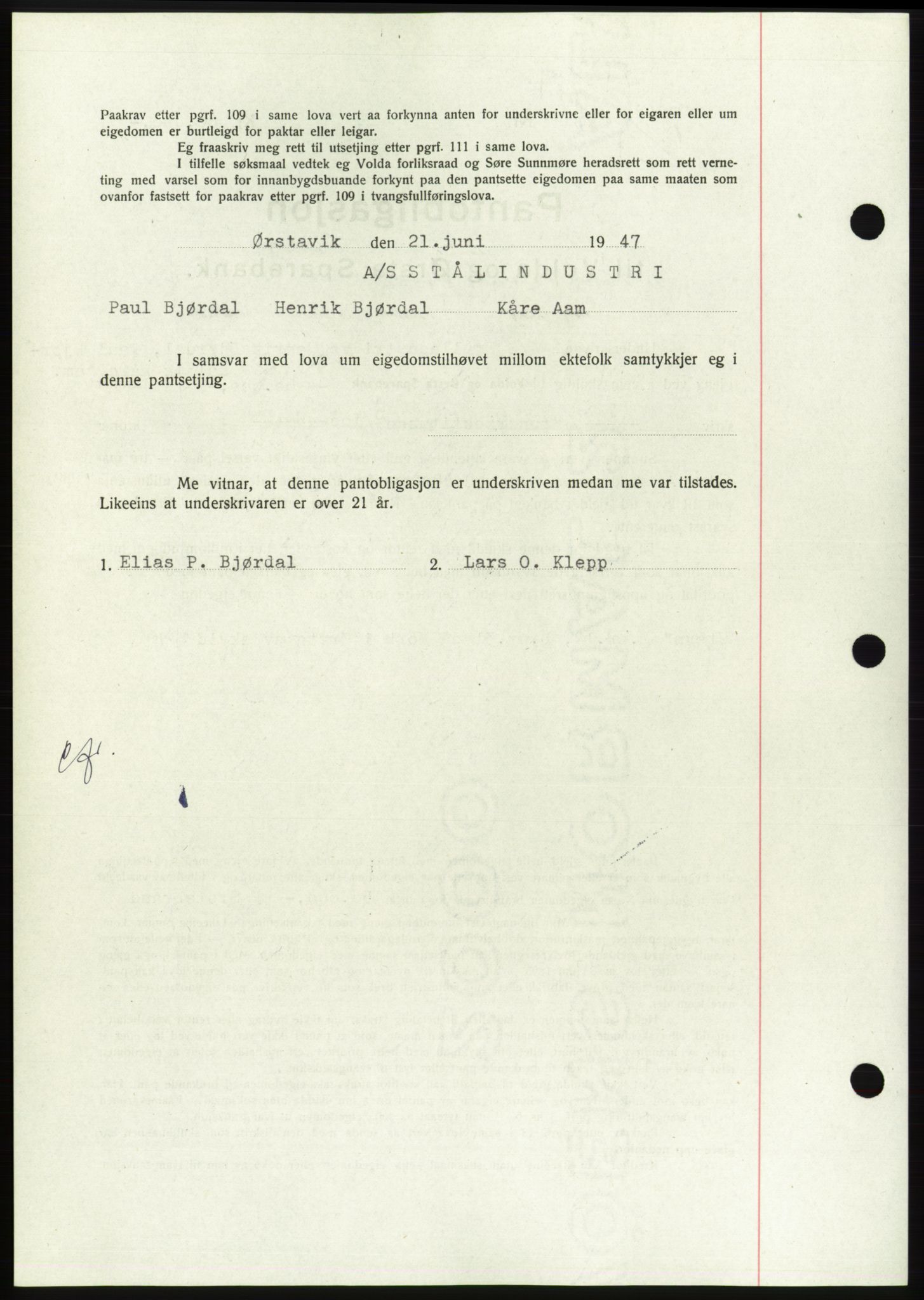 Søre Sunnmøre sorenskriveri, AV/SAT-A-4122/1/2/2C/L0115: Mortgage book no. 3B, 1947-1948, Diary no: : 873/1947