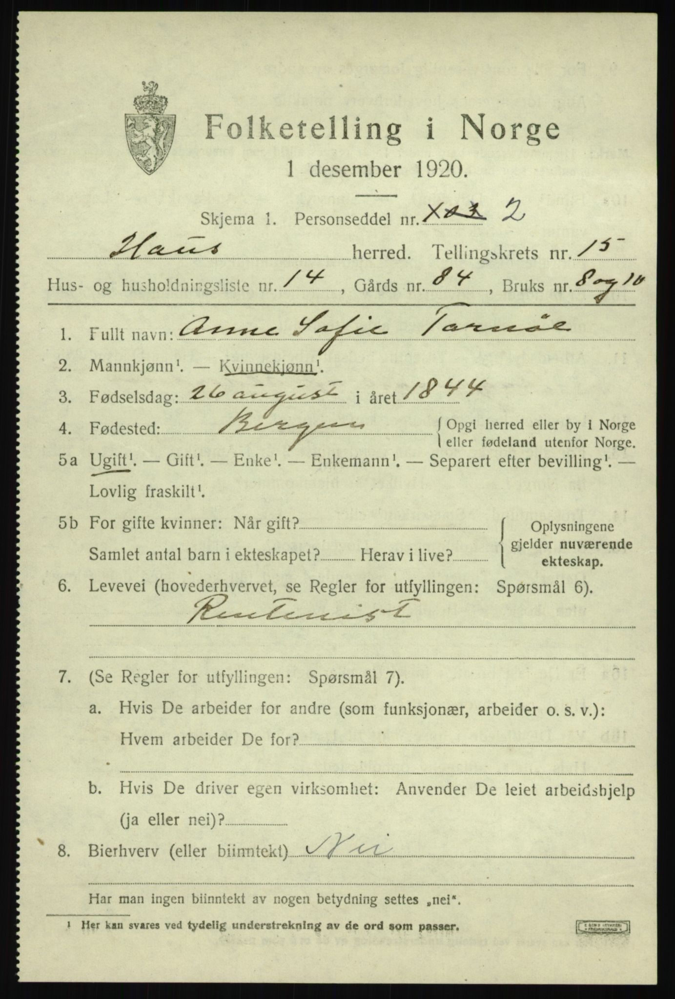 SAB, 1920 census for Haus, 1920, p. 9394