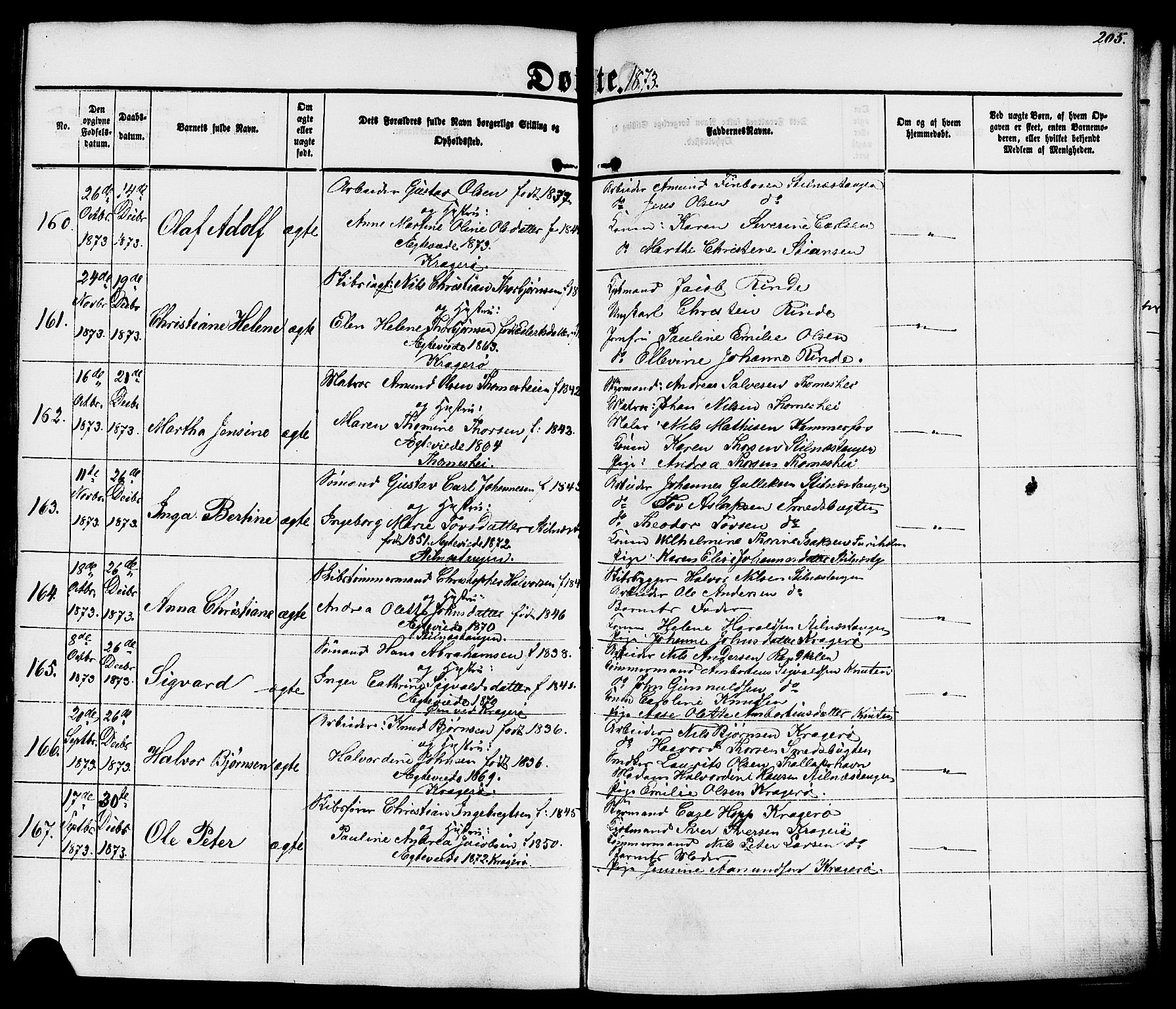 Kragerø kirkebøker, SAKO/A-278/F/Fa/L0007: Parish register (official) no. 7, 1861-1875, p. 205
