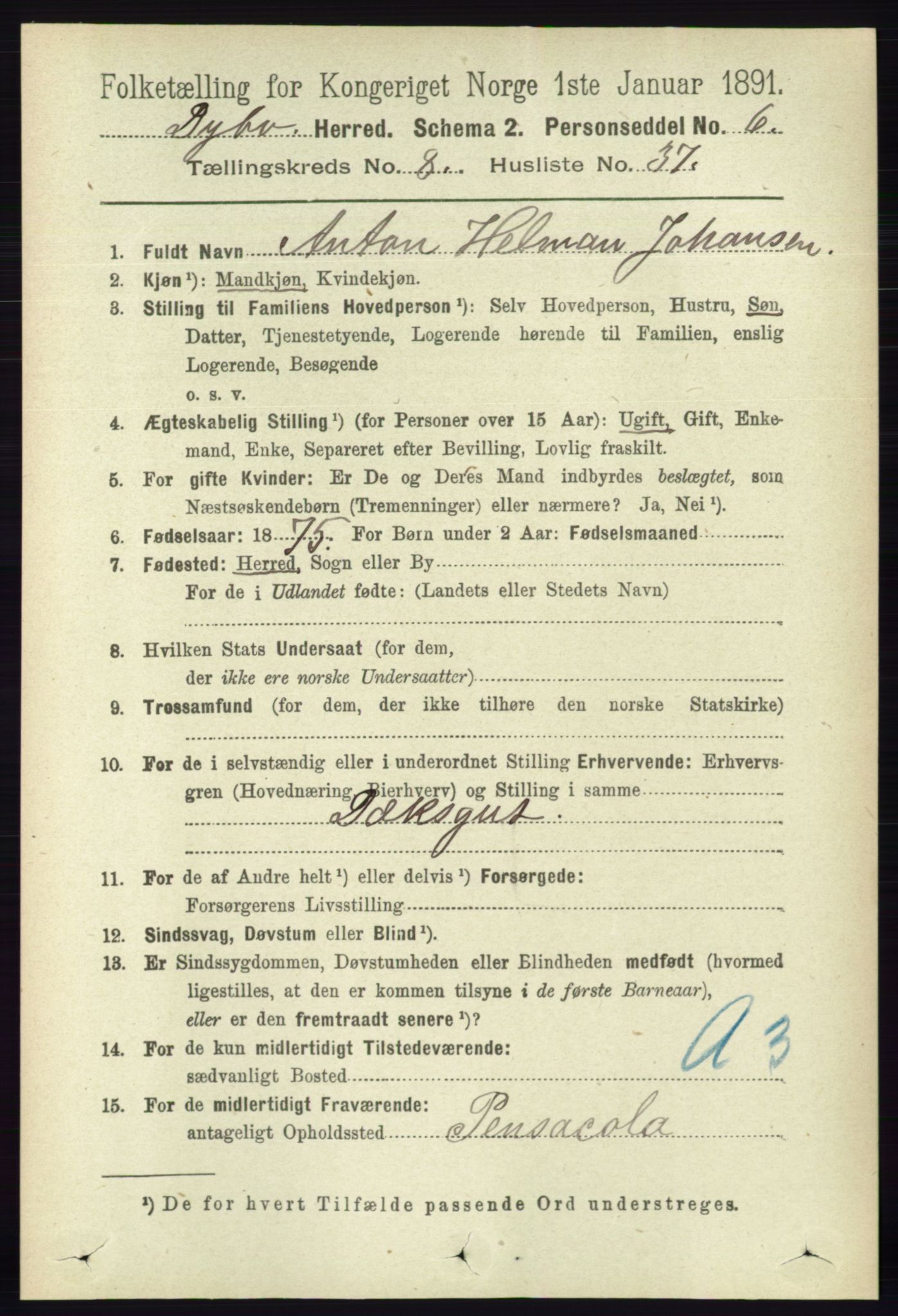 RA, 1891 census for 0915 Dypvåg, 1891, p. 2952