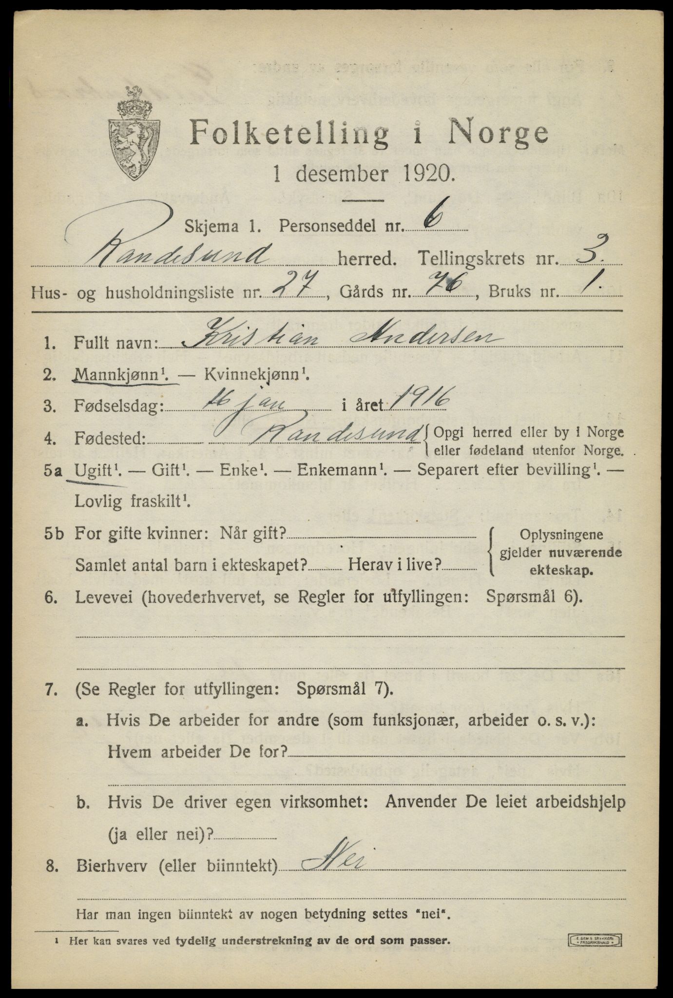 SAK, 1920 census for Randesund, 1920, p. 1768