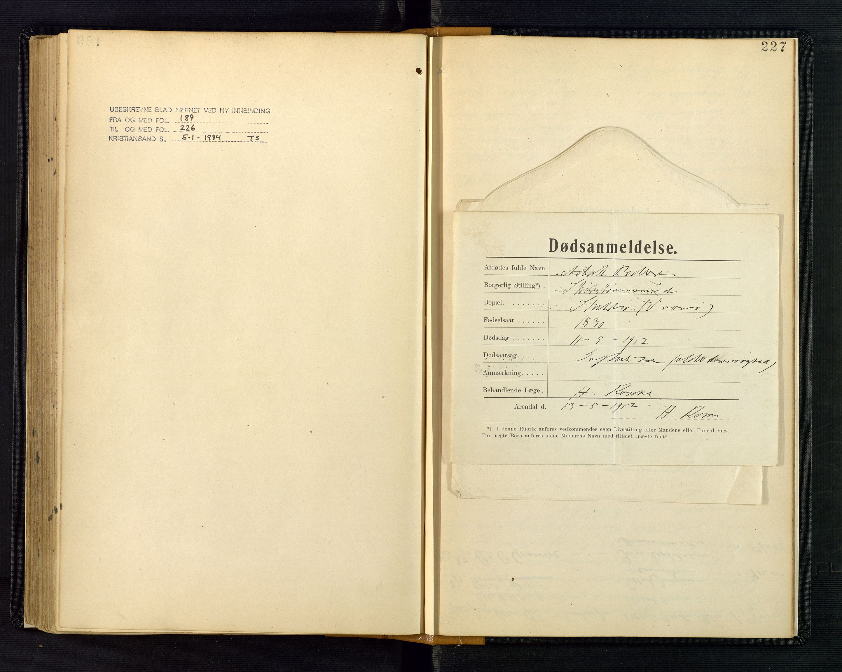 Nedenes sorenskriveri, SAK/1221-0006/H/Ha/L0003: Dødsfallsprotokoll nr 3, 1890-1914, p. 227