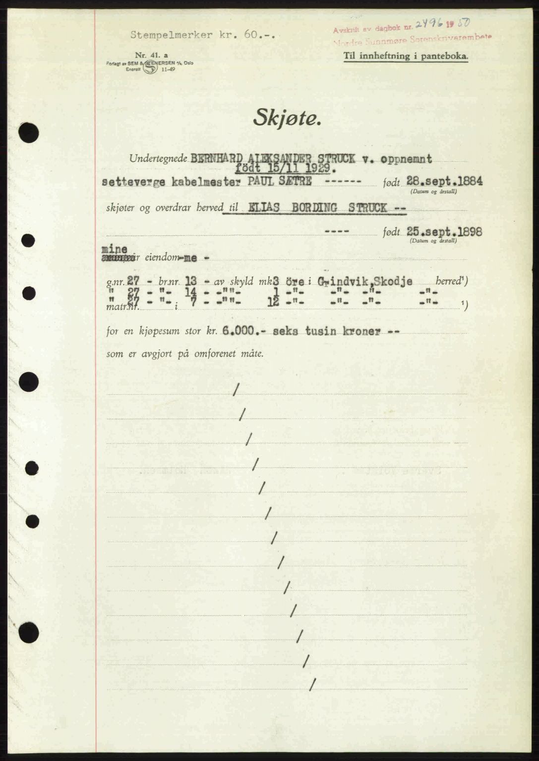 Nordre Sunnmøre sorenskriveri, AV/SAT-A-0006/1/2/2C/2Ca: Mortgage book no. A36, 1950-1950, Diary no: : 2496/1950