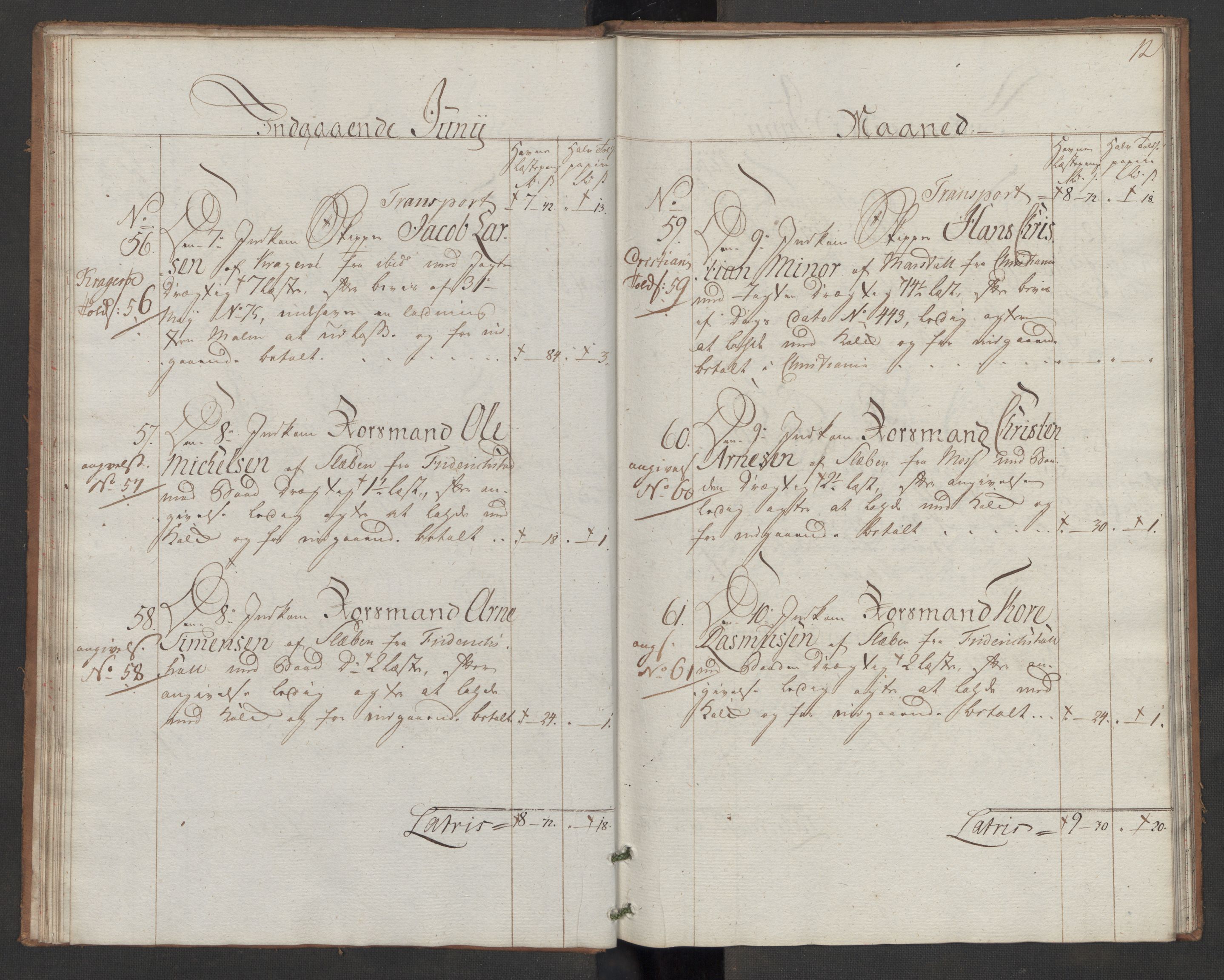 Generaltollkammeret, tollregnskaper, AV/RA-EA-5490/R06/L0165/0002: Tollregnskaper Kristiania / Inngående hovedtollbok Slependen, 1786, p. 11b-12a