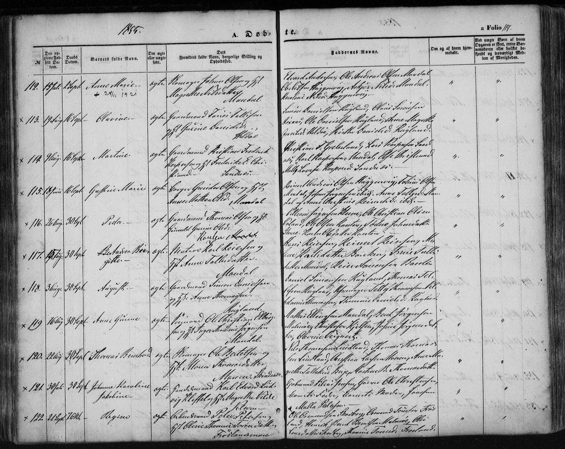 Mandal sokneprestkontor, AV/SAK-1111-0030/F/Fa/Faa/L0013: Parish register (official) no. A 13, 1847-1859, p. 117