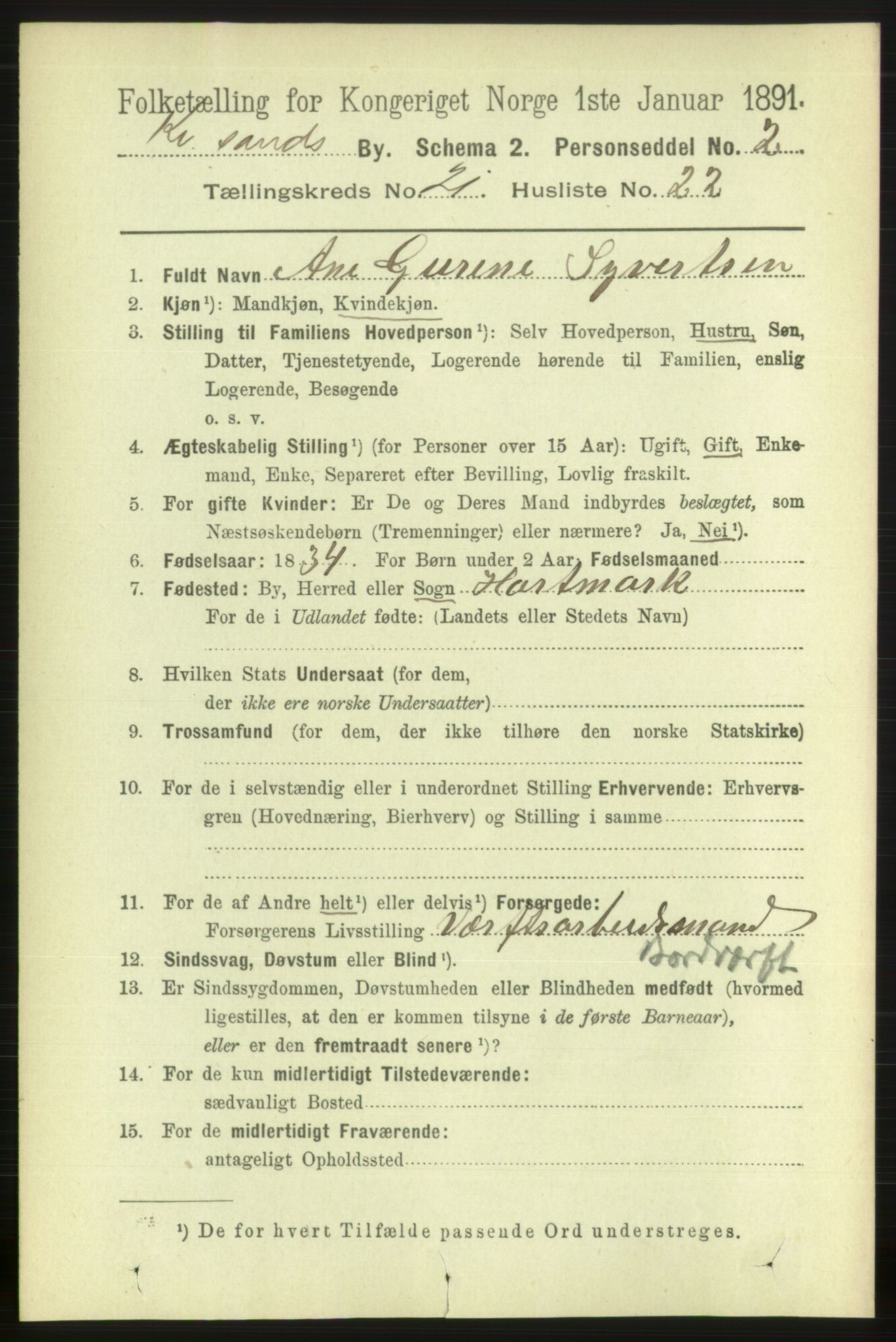 RA, 1891 census for 1001 Kristiansand, 1891, p. 8040