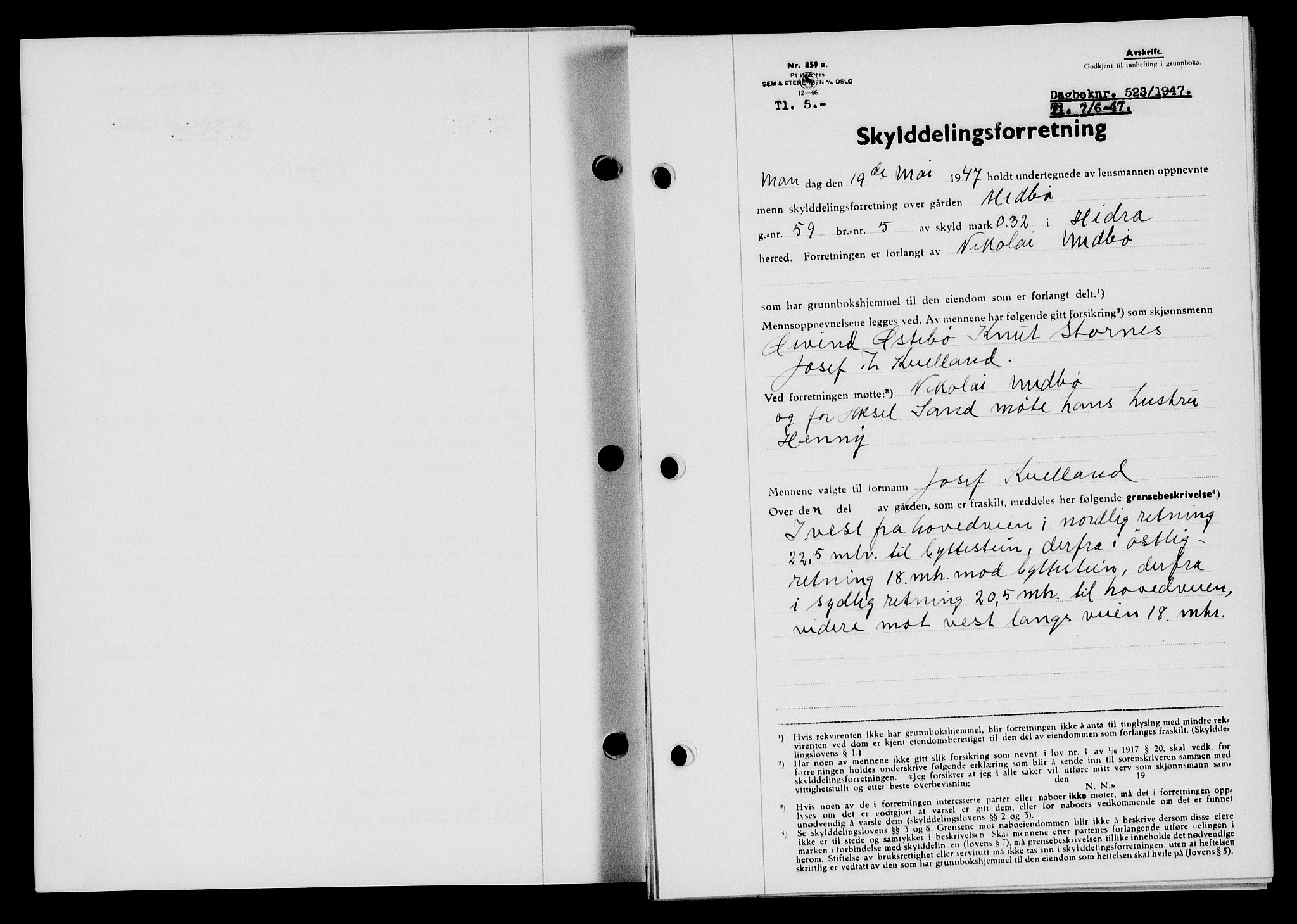 Flekkefjord sorenskriveri, SAK/1221-0001/G/Gb/Gba/L0062: Mortgage book no. A-10, 1947-1947, Diary no: : 523/1947