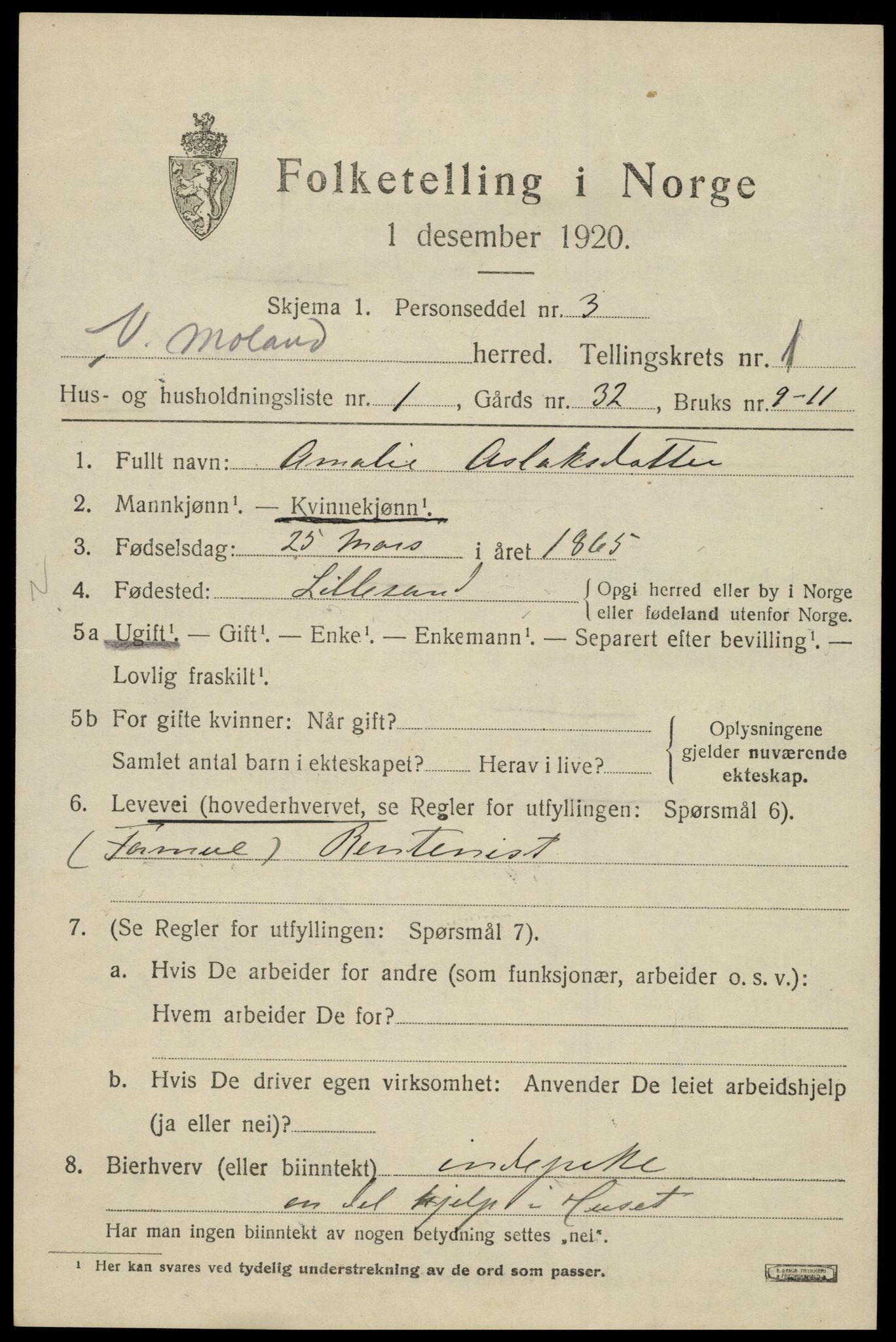 SAK, 1920 census for Vestre Moland, 1920, p. 1051