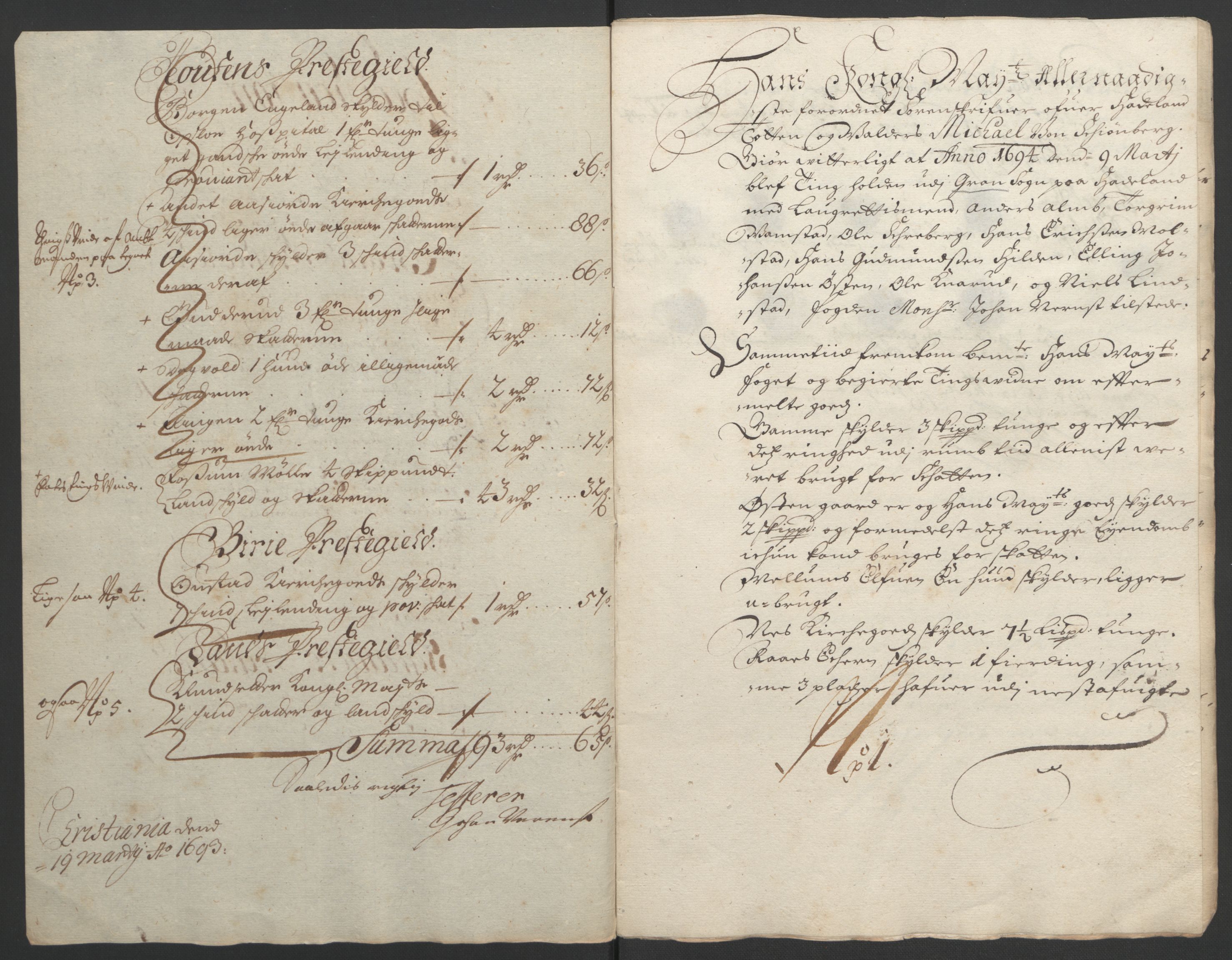 Rentekammeret inntil 1814, Reviderte regnskaper, Fogderegnskap, RA/EA-4092/R18/L1292: Fogderegnskap Hadeland, Toten og Valdres, 1693-1694, p. 170