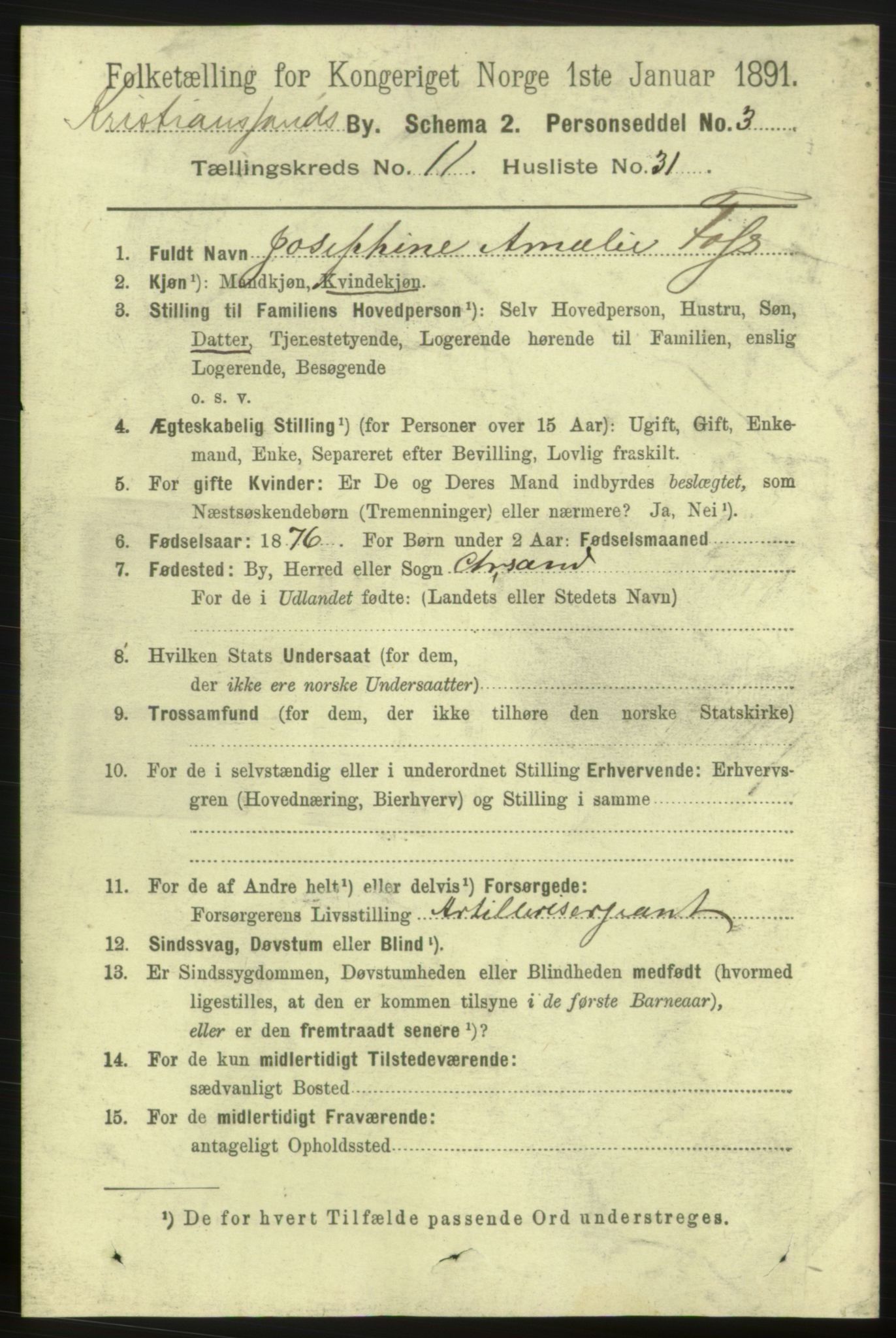 RA, 1891 census for 1001 Kristiansand, 1891, p. 5839