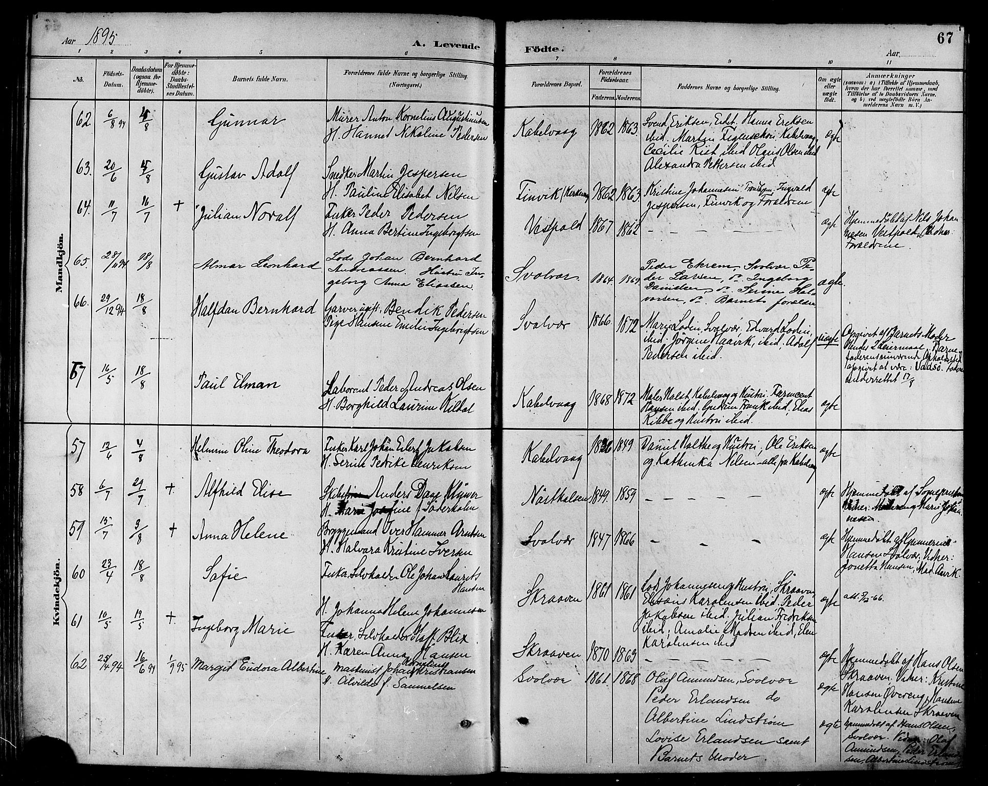 Ministerialprotokoller, klokkerbøker og fødselsregistre - Nordland, AV/SAT-A-1459/874/L1060: Parish register (official) no. 874A04, 1890-1899, p. 67