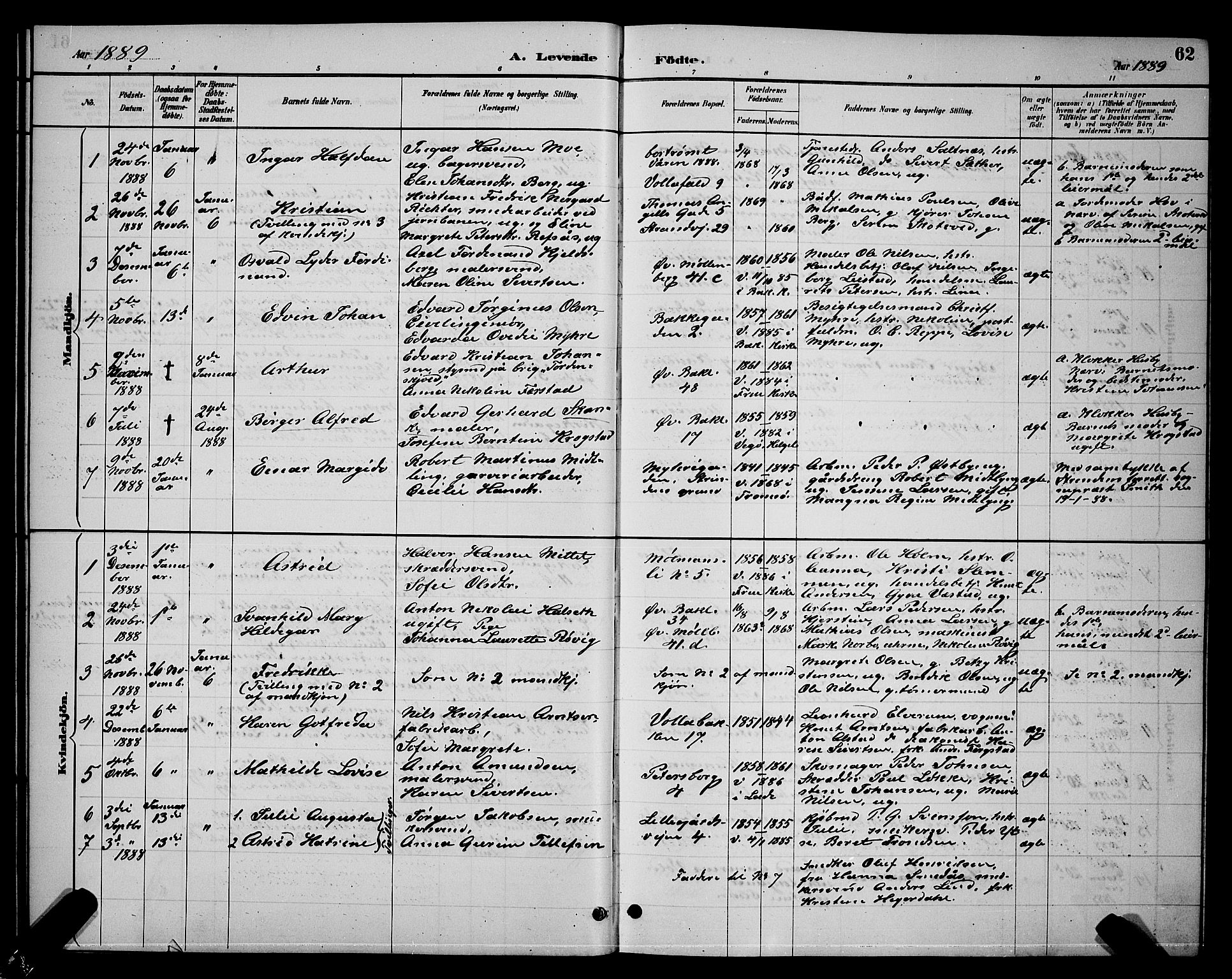 Ministerialprotokoller, klokkerbøker og fødselsregistre - Sør-Trøndelag, SAT/A-1456/604/L0222: Parish register (copy) no. 604C05, 1886-1895, p. 62