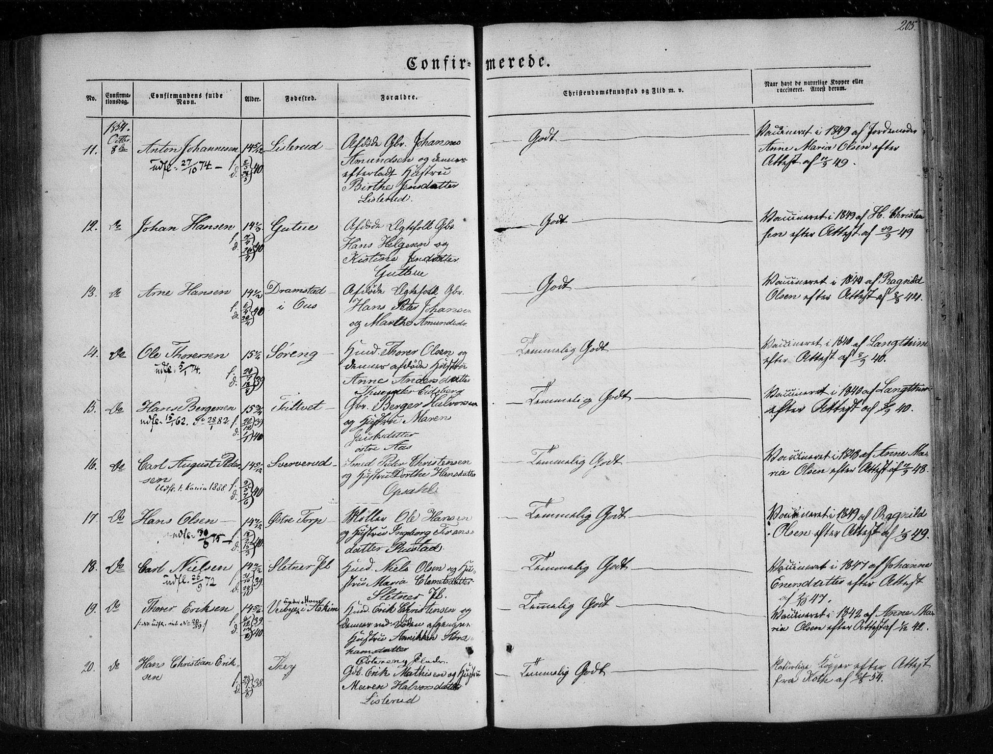 Eidsberg prestekontor Kirkebøker, SAO/A-10905/F/Fa/L0009: Parish register (official) no. I 9, 1849-1856, p. 205