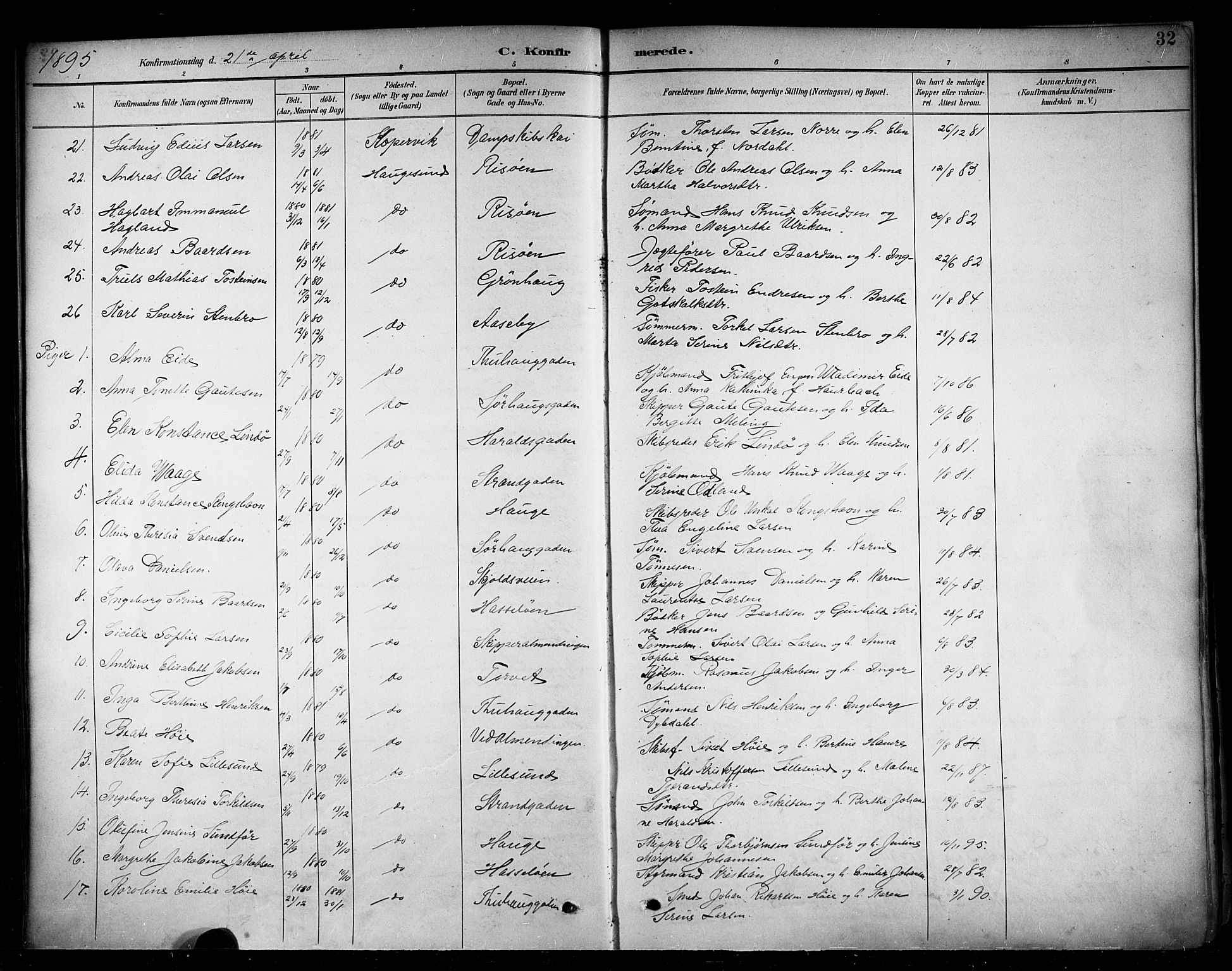 Haugesund sokneprestkontor, AV/SAST-A -101863/H/Ha/Haa/L0005: Parish register (official) no. A 5, 1891-1903, p. 32