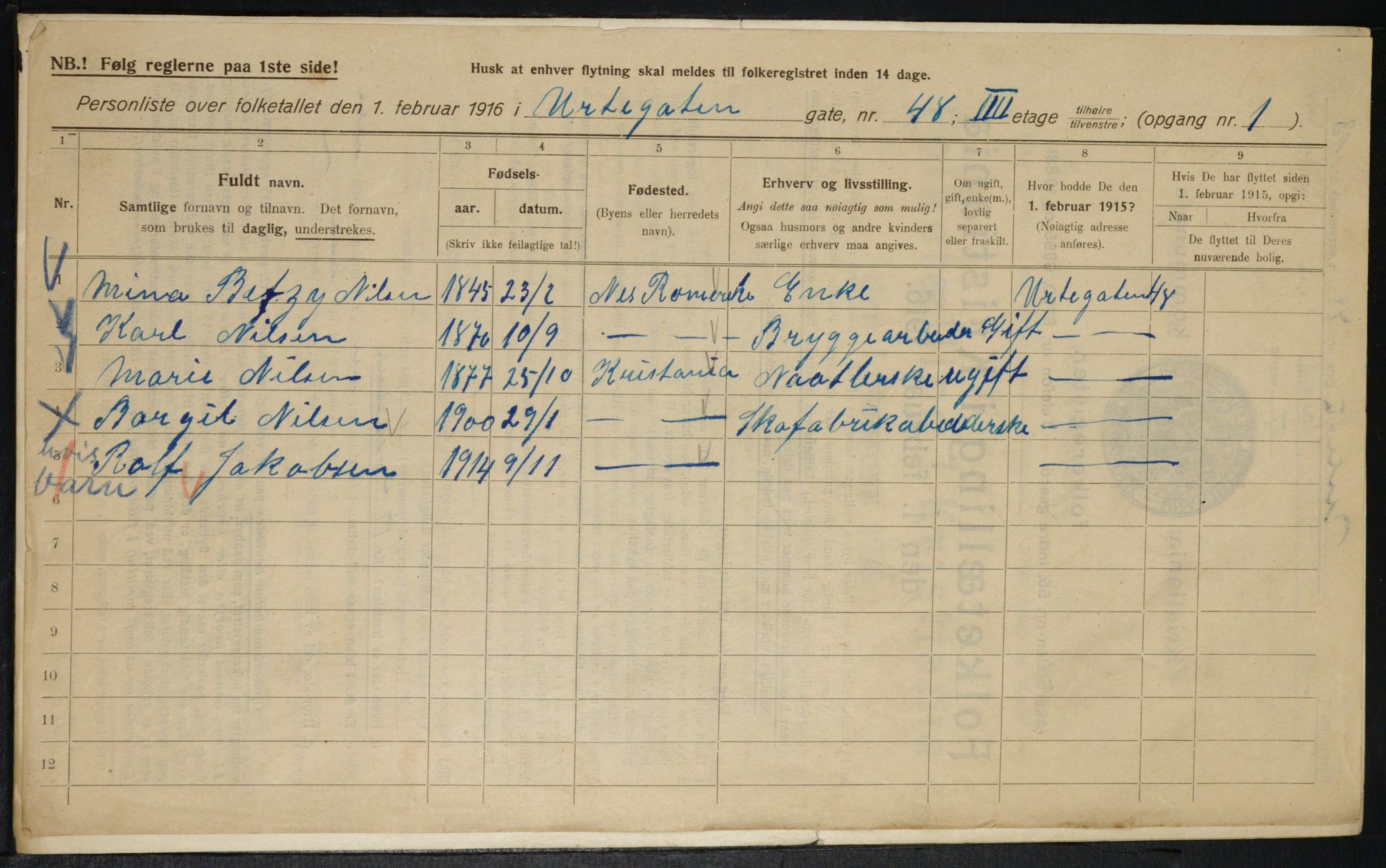 OBA, Municipal Census 1916 for Kristiania, 1916, p. 125050