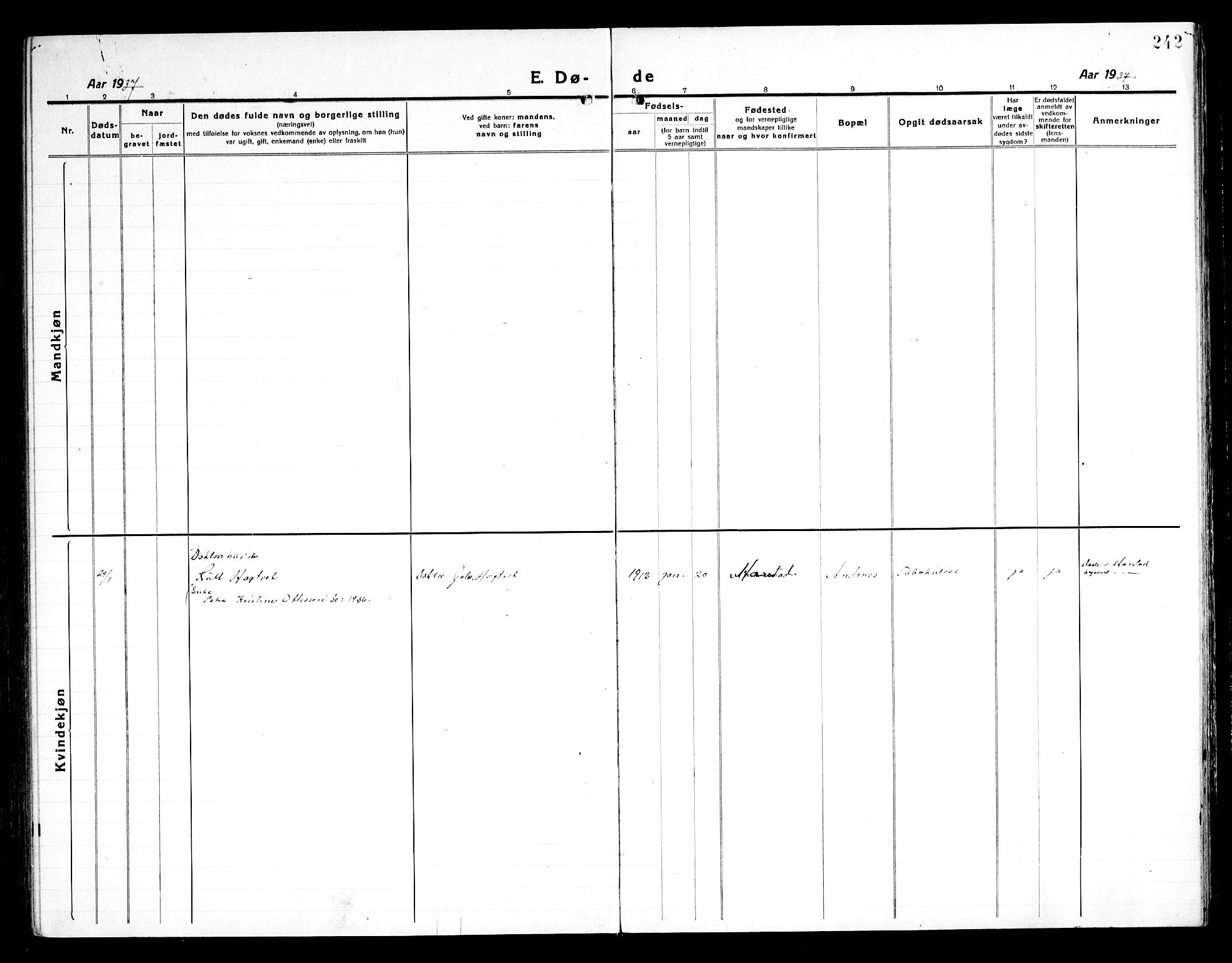 Ministerialprotokoller, klokkerbøker og fødselsregistre - Nordland, SAT/A-1459/899/L1450: Parish register (copy) no. 899C05, 1918-1945, p. 242