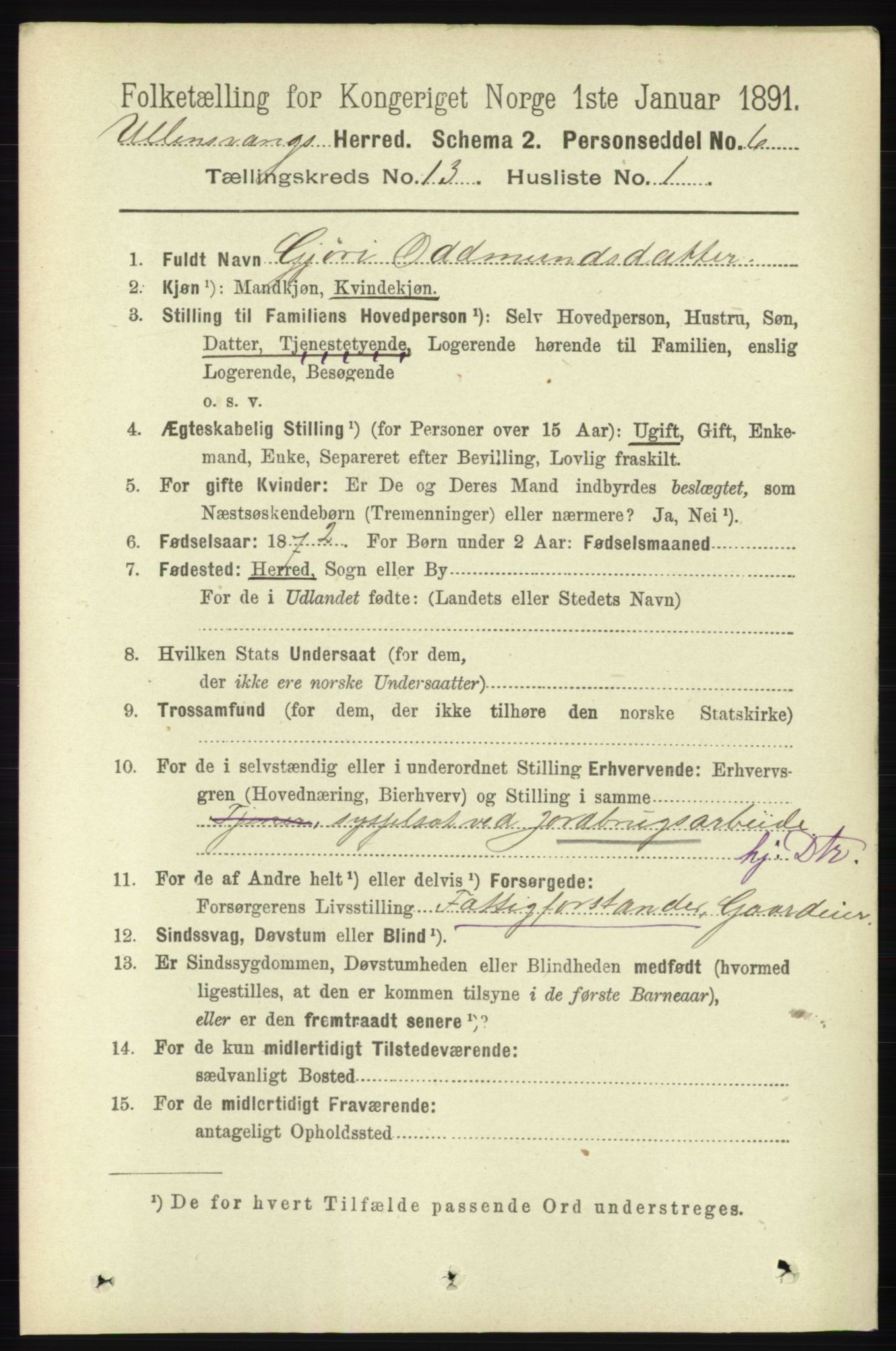 RA, 1891 census for 1230 Ullensvang, 1891, p. 5094