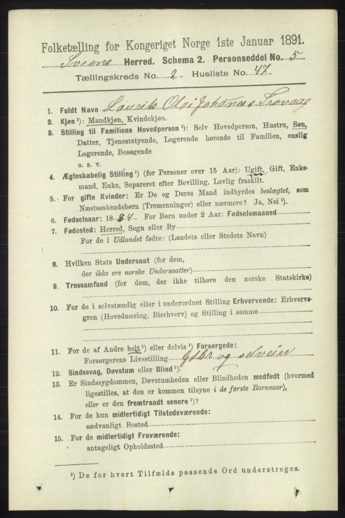 RA, 1891 census for 1216 Sveio, 1891, p. 750