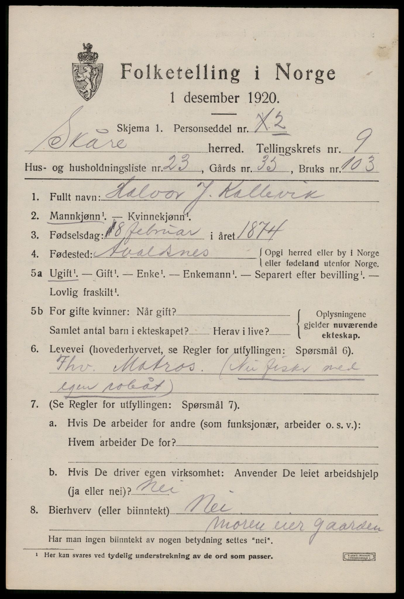 SAST, 1920 census for Skåre, 1920, p. 7220