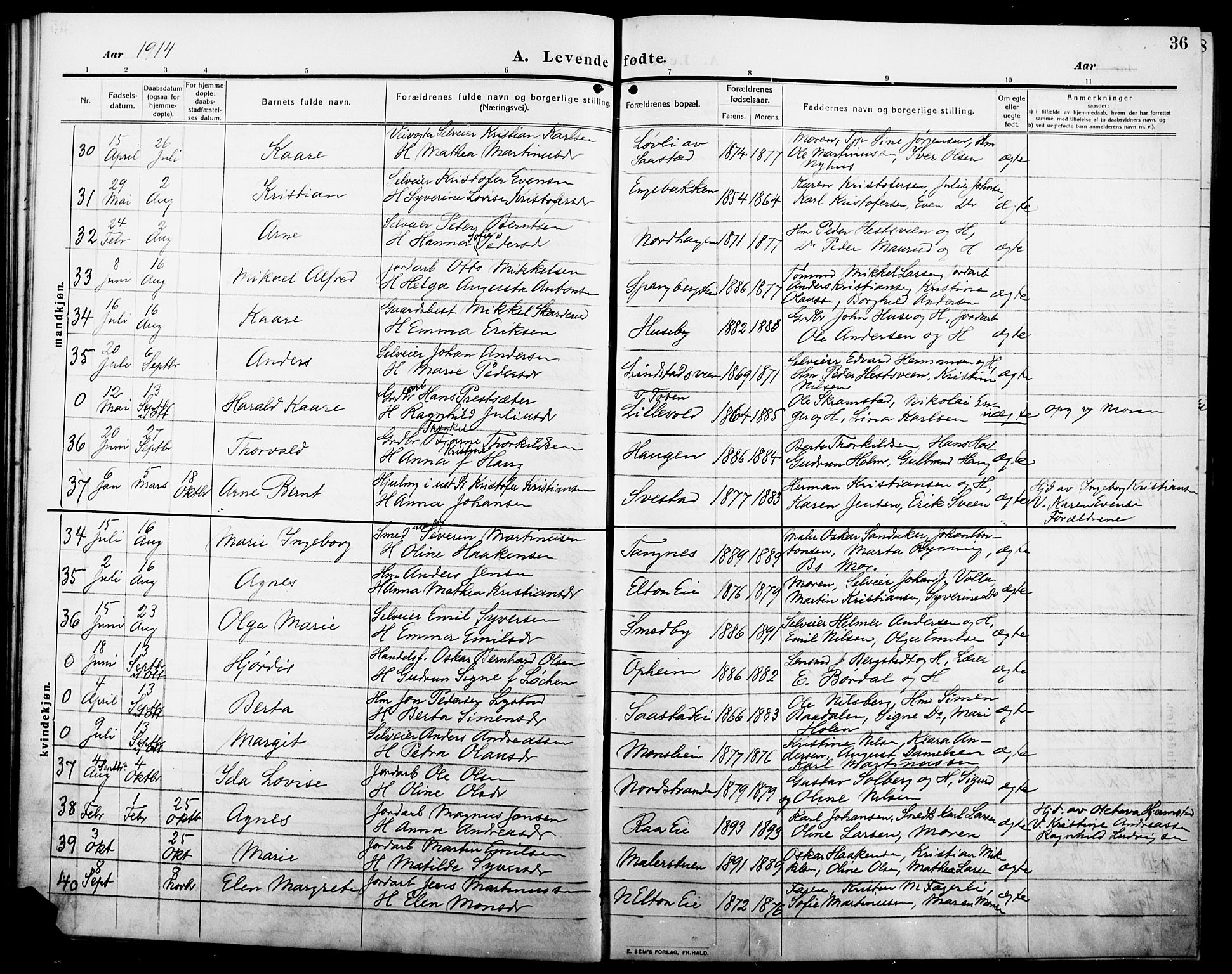 Stange prestekontor, AV/SAH-PREST-002/L/L0014: Parish register (copy) no. 14, 1909-1917, p. 36