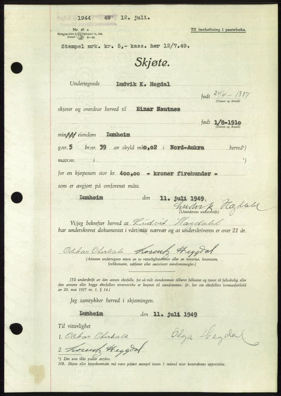 Romsdal sorenskriveri, AV/SAT-A-4149/1/2/2C: Mortgage book no. A30, 1949-1949, Diary no: : 1944/1949