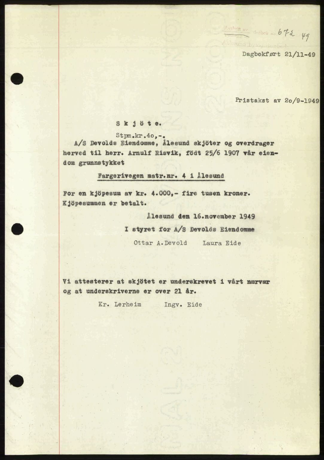 Ålesund byfogd, AV/SAT-A-4384: Mortgage book no. 37A (2), 1949-1950, Diary no: : 672/1949