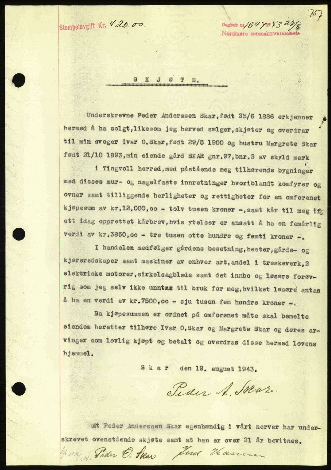 Nordmøre sorenskriveri, AV/SAT-A-4132/1/2/2Ca: Mortgage book no. A95, 1943-1943, Diary no: : 1847/1943