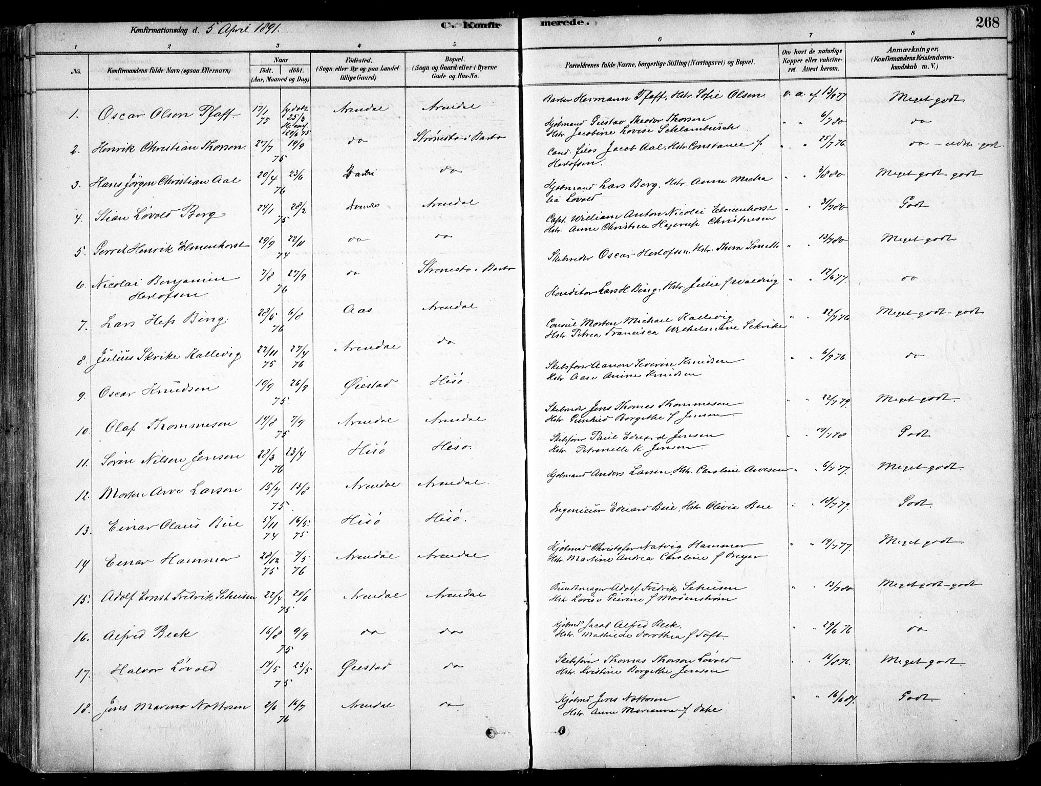 Arendal sokneprestkontor, Trefoldighet, AV/SAK-1111-0040/F/Fa/L0008: Parish register (official) no. A 8, 1878-1899, p. 268