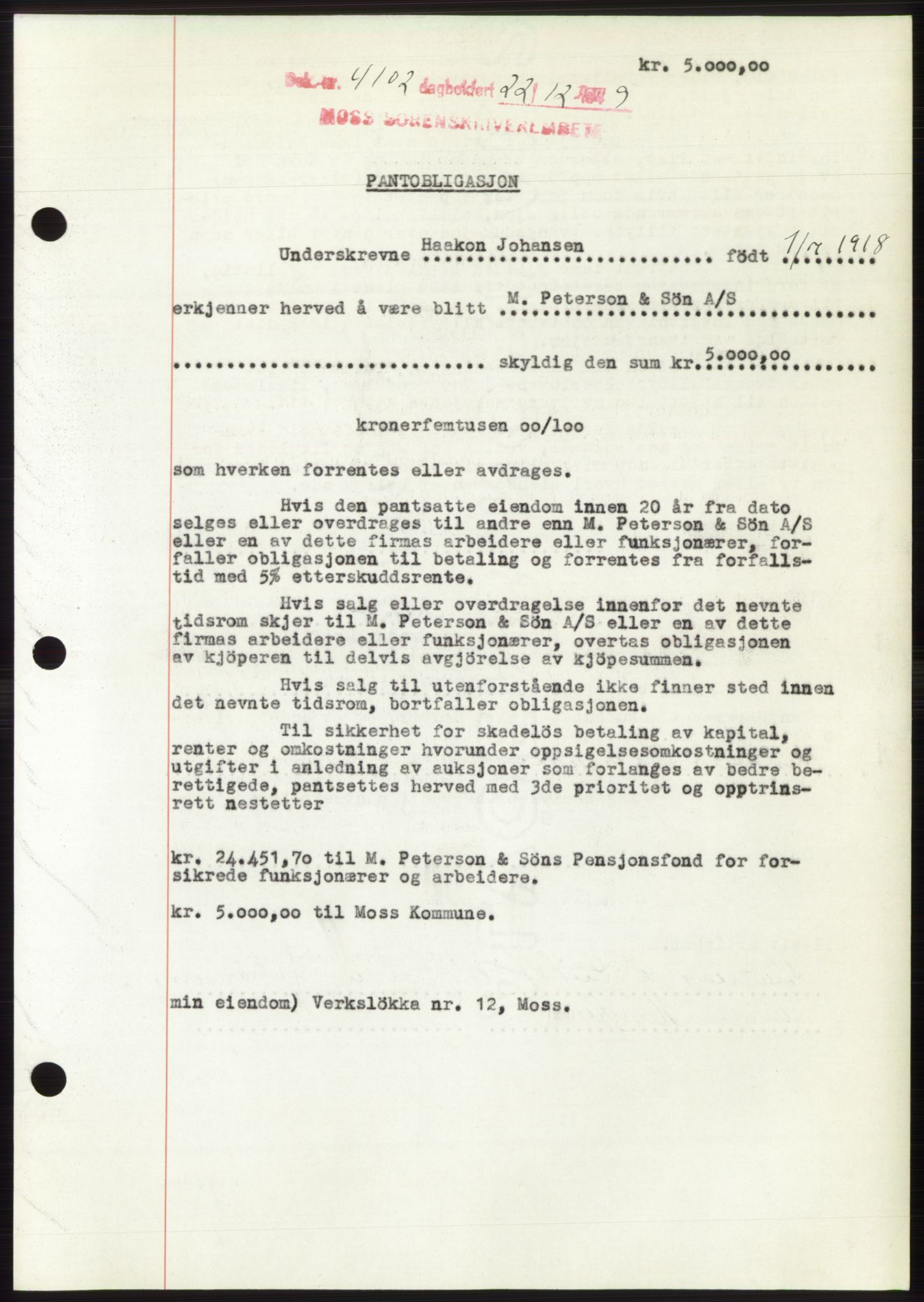 Moss sorenskriveri, SAO/A-10168: Mortgage book no. B23, 1949-1950, Diary no: : 4102/1949