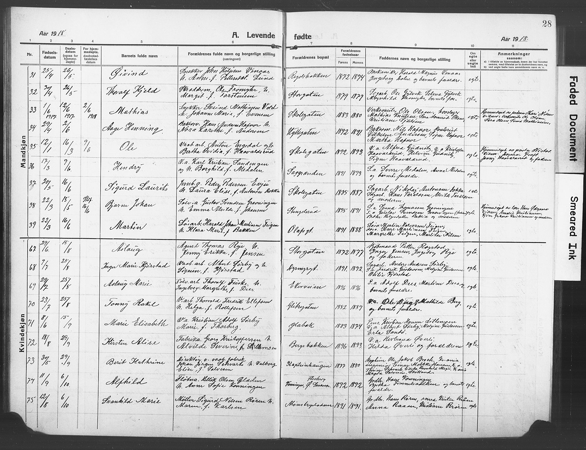 Kongsberg kirkebøker, AV/SAKO-A-22/G/Ga/L0008: Parish register (copy) no. 8, 1915-1932, p. 28