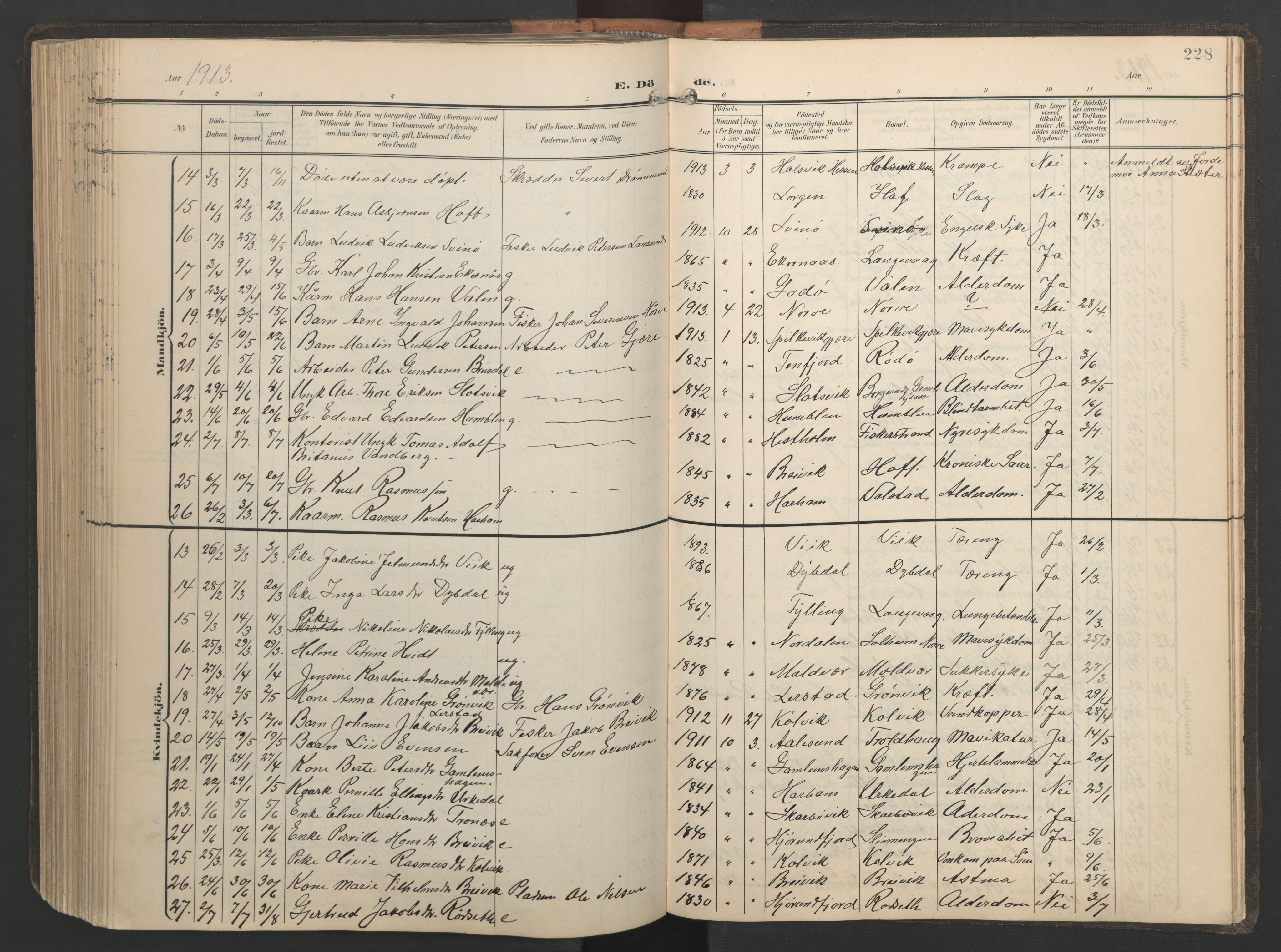 Ministerialprotokoller, klokkerbøker og fødselsregistre - Møre og Romsdal, AV/SAT-A-1454/528/L0433: Parish register (copy) no. 528C14, 1899-1922, p. 228