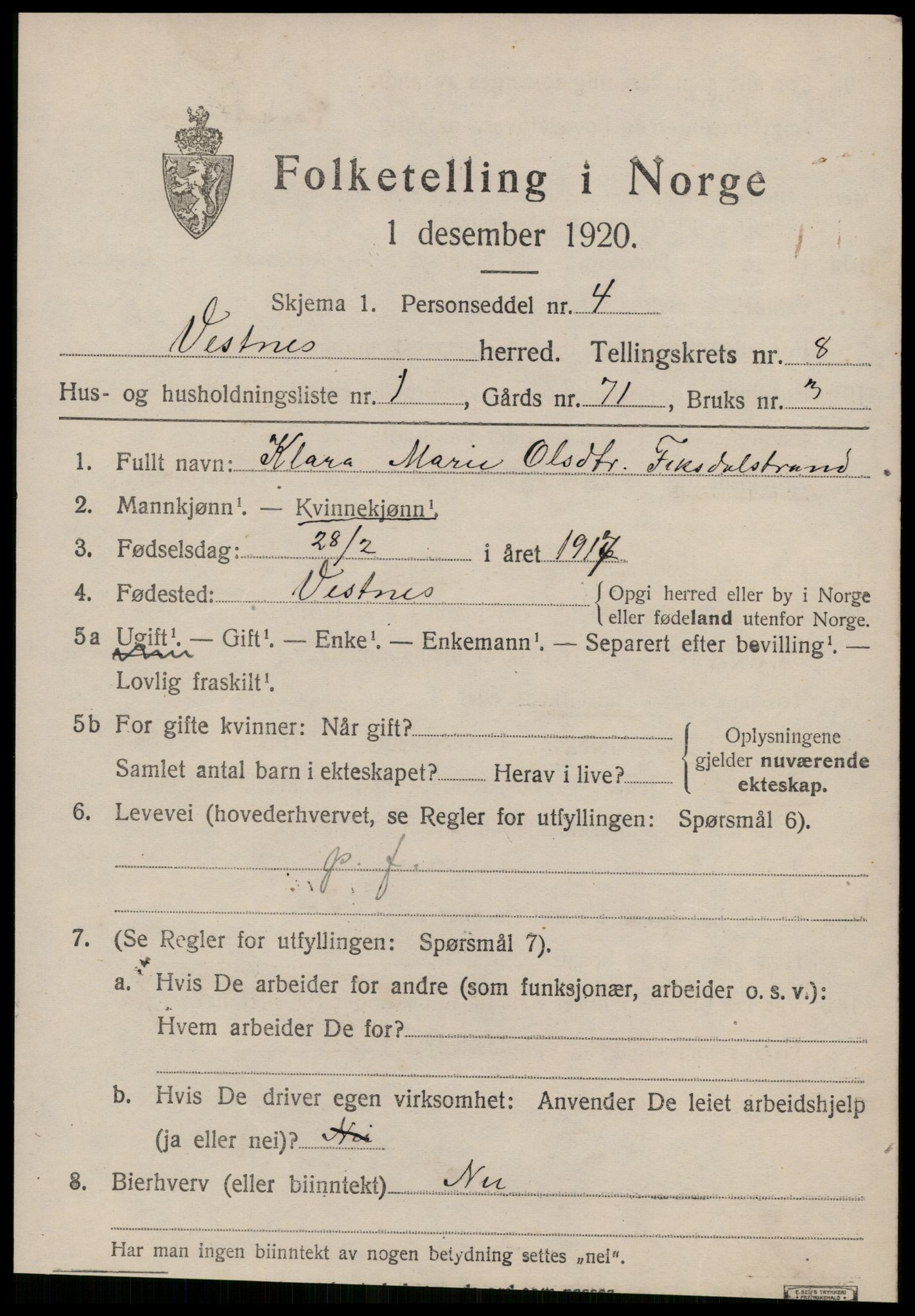 SAT, 1920 census for Vestnes, 1920, p. 5587