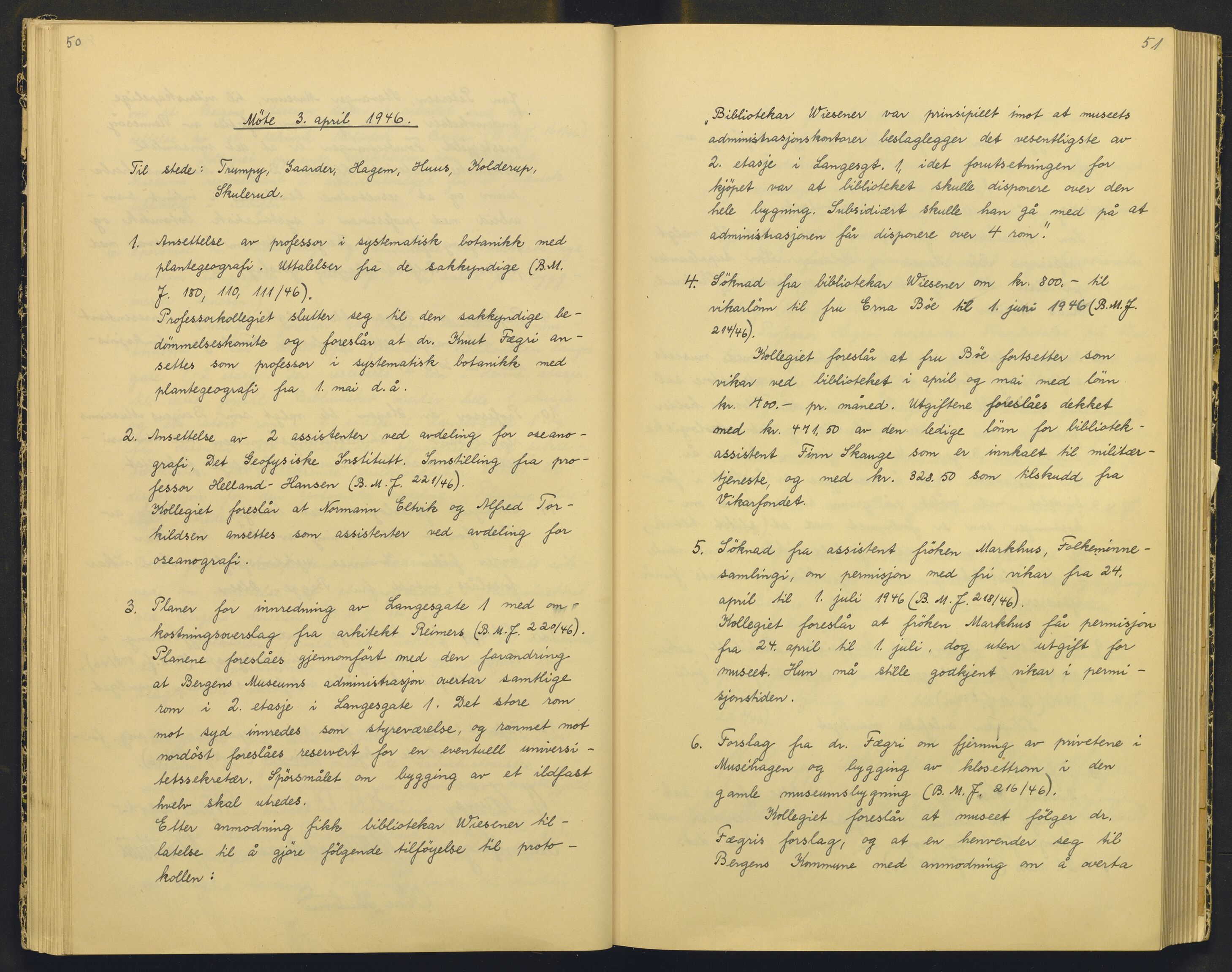 Bergens Museum, AV/SAB-A-17301/18/A/L0004: Professorkollegiets møtebok med register , 1945-1949, p. 50-51
