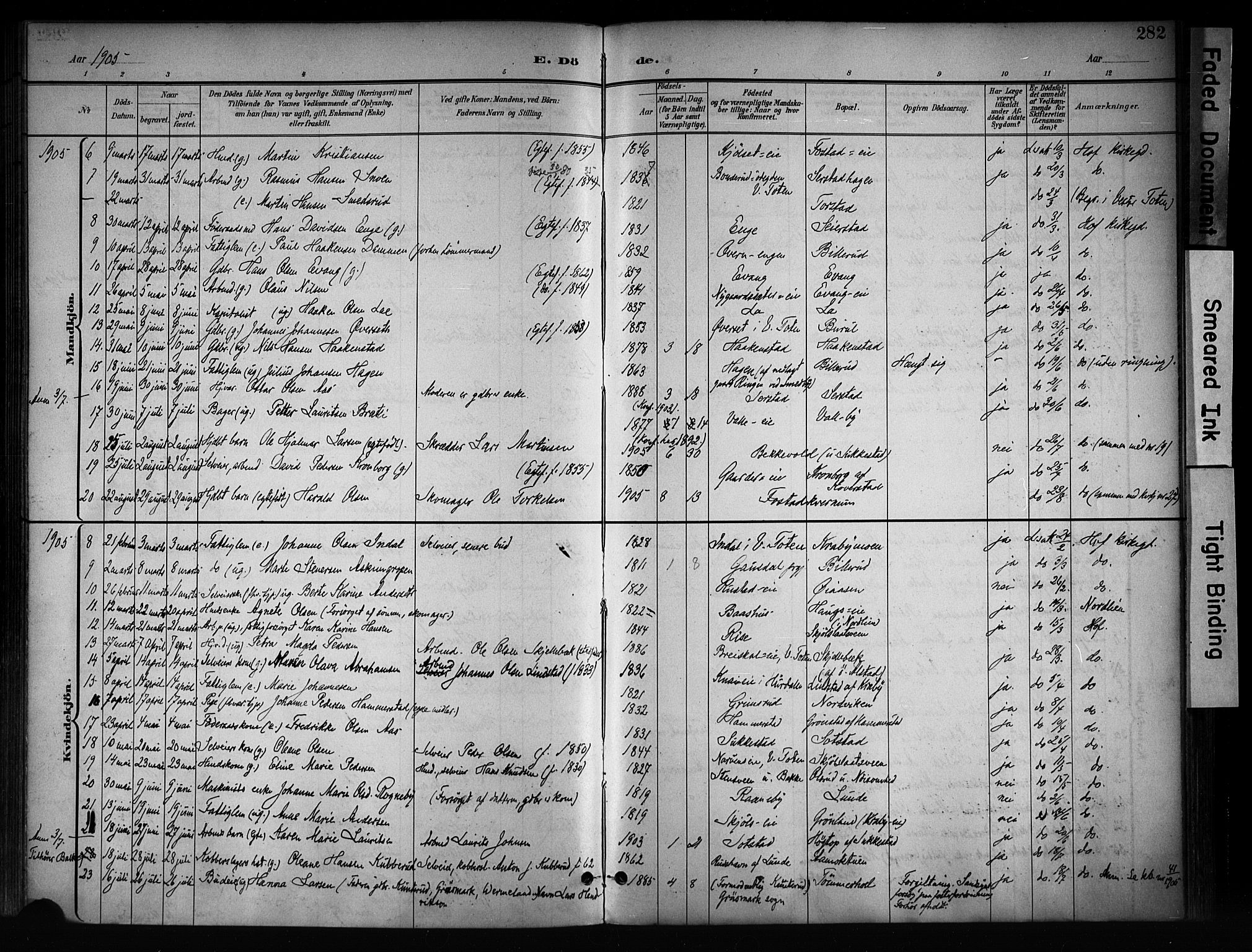 Østre Toten prestekontor, AV/SAH-PREST-104/H/Ha/Haa/L0008: Parish register (official) no. 8, 1897-1909, p. 282