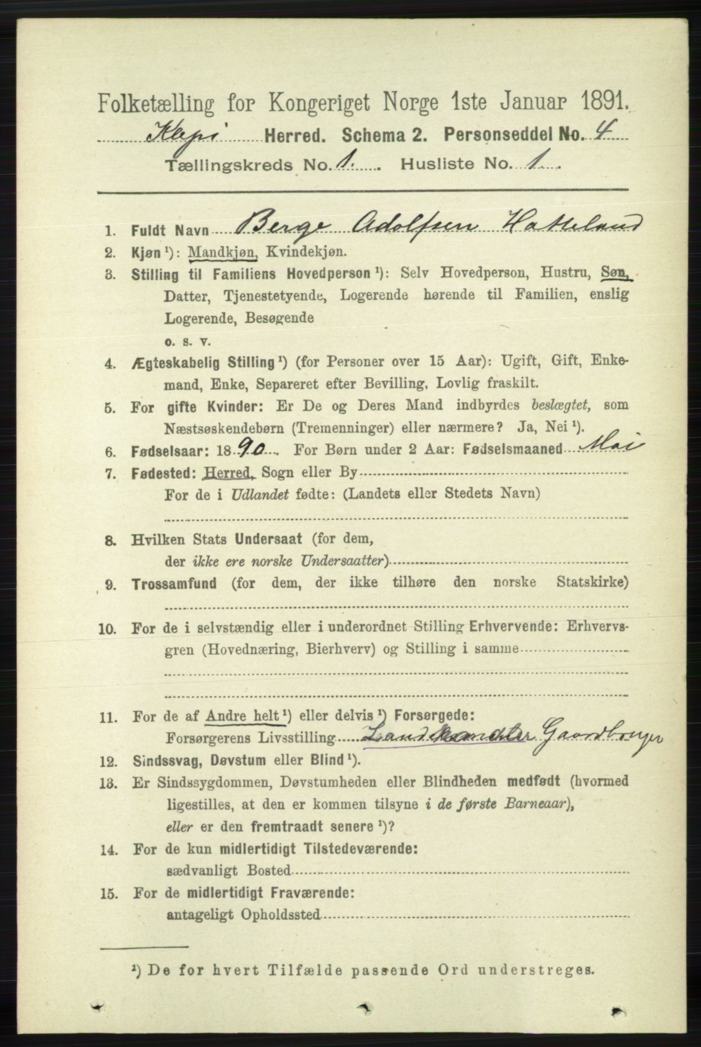 RA, 1891 census for 1120 Klepp, 1891, p. 68